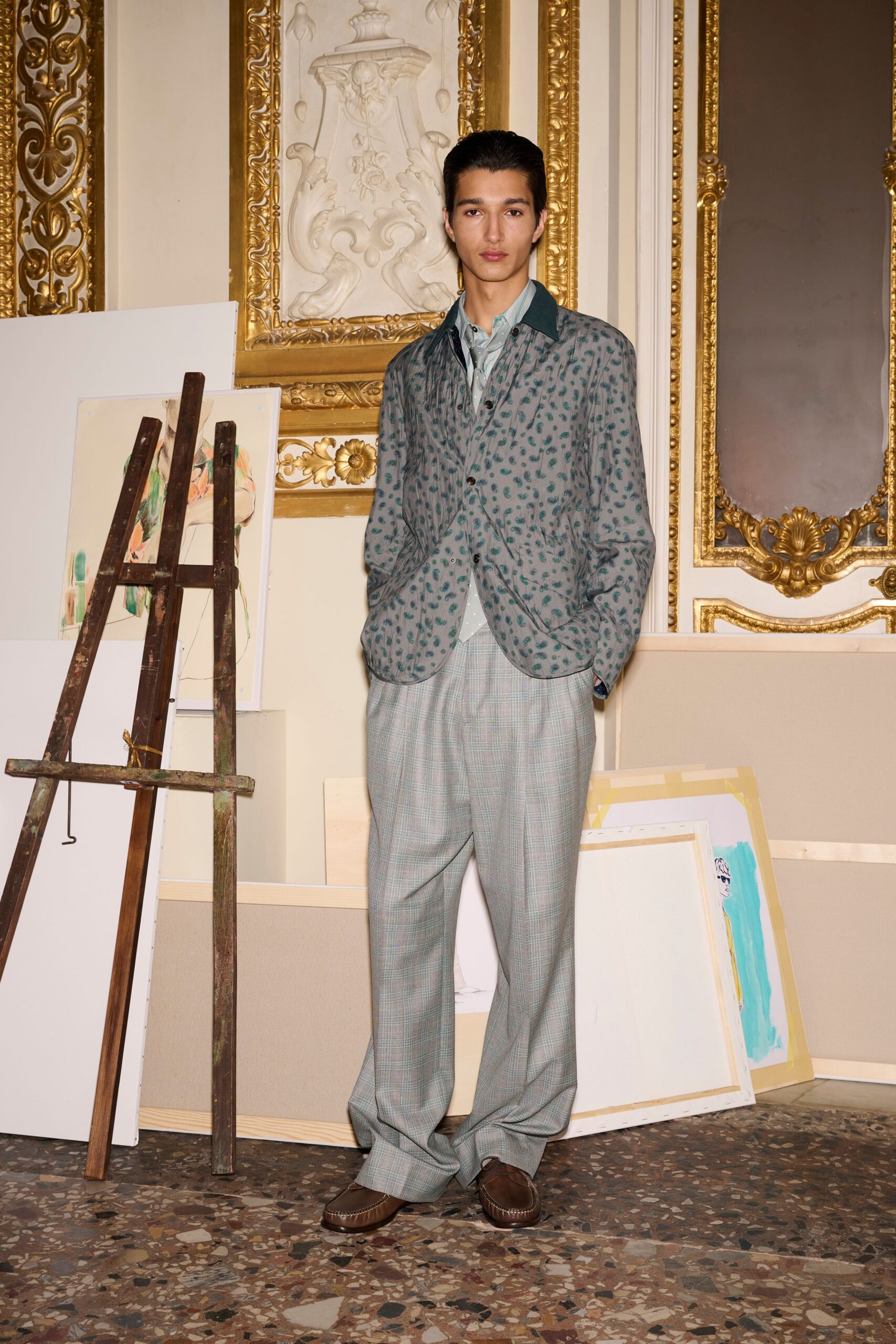 gray printed blazer with relaxed pants