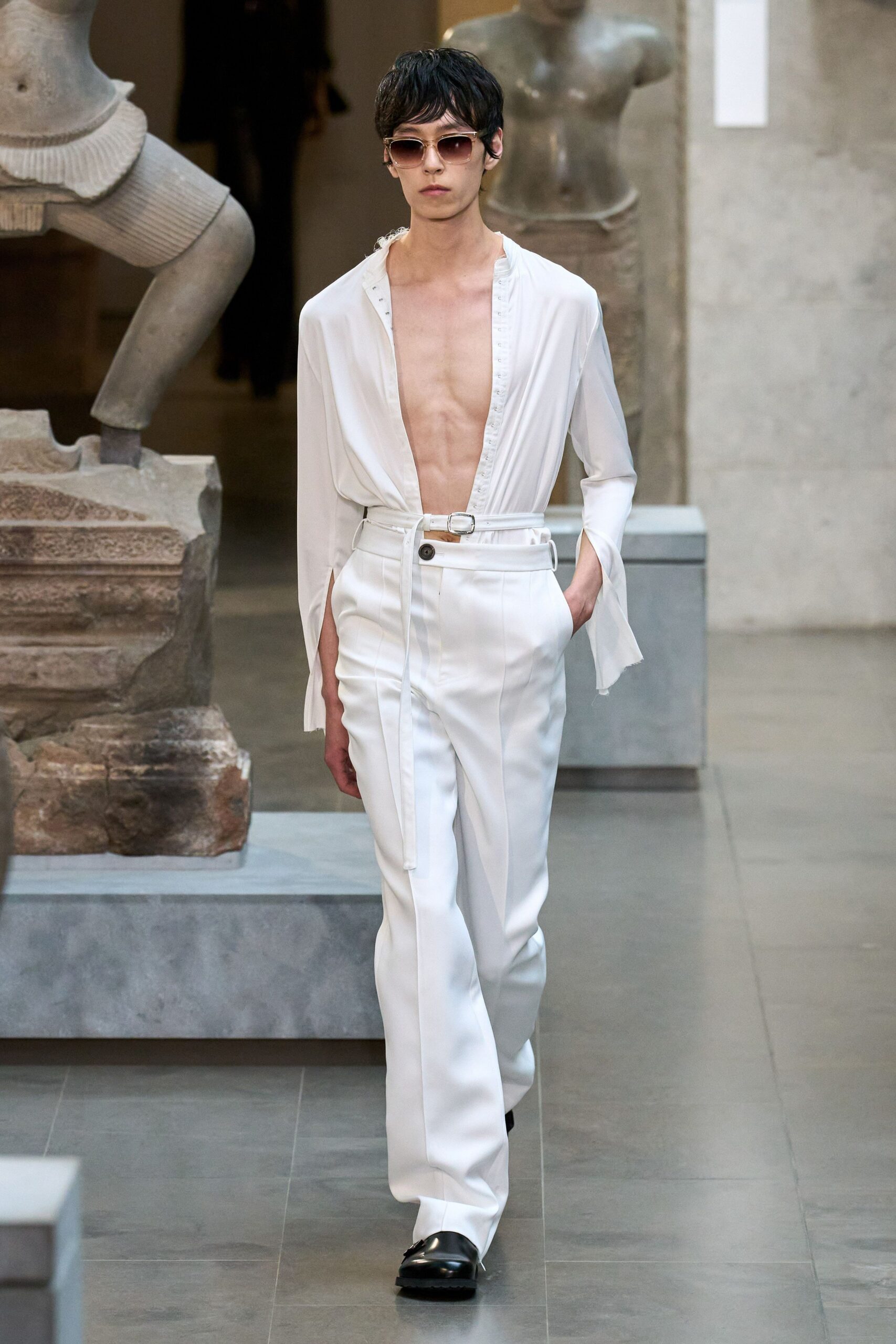white silk long-sleeve v-neck fitted buttoned shirt
