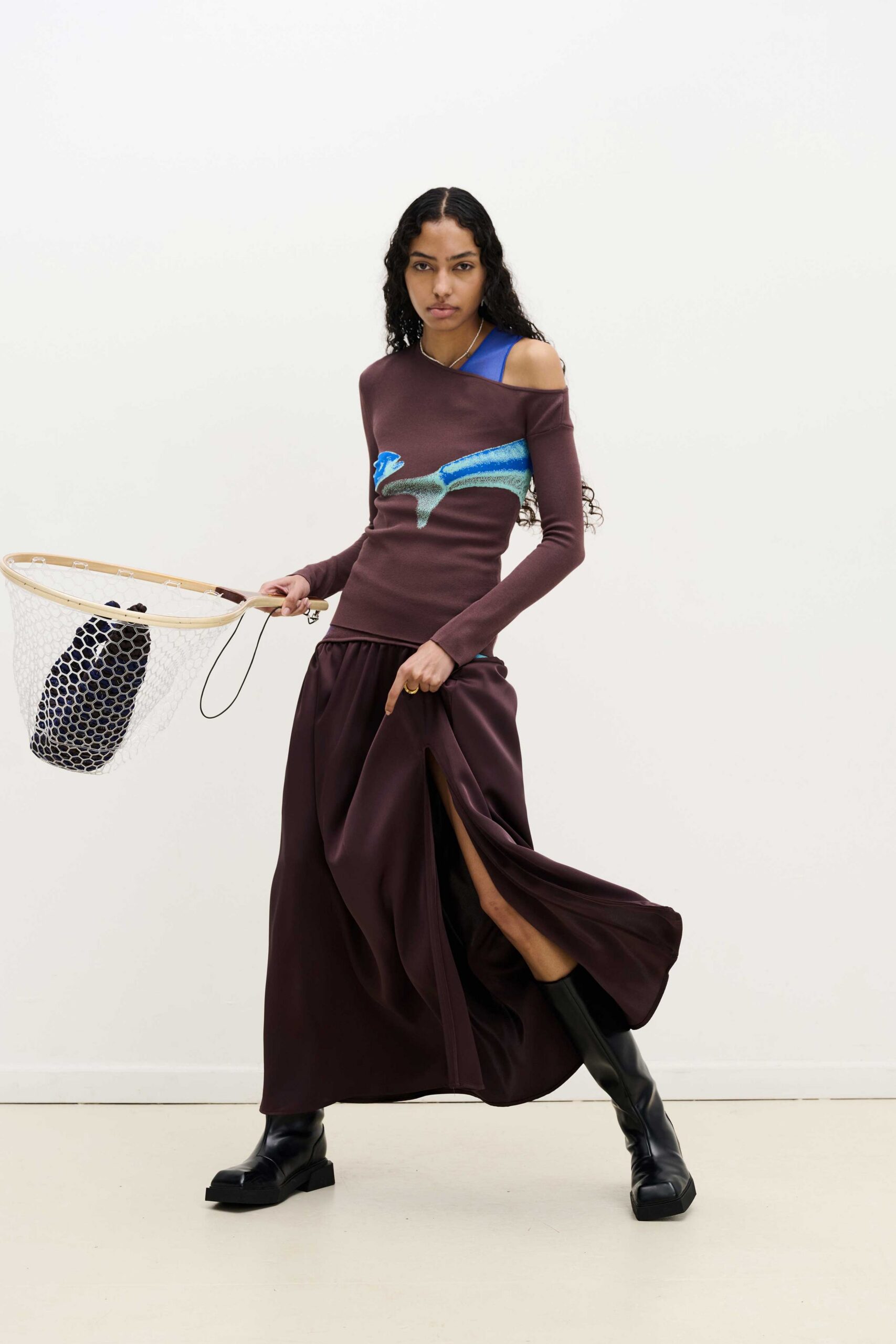 brown silk slit relaxed high-waisted flowing maxi skirt