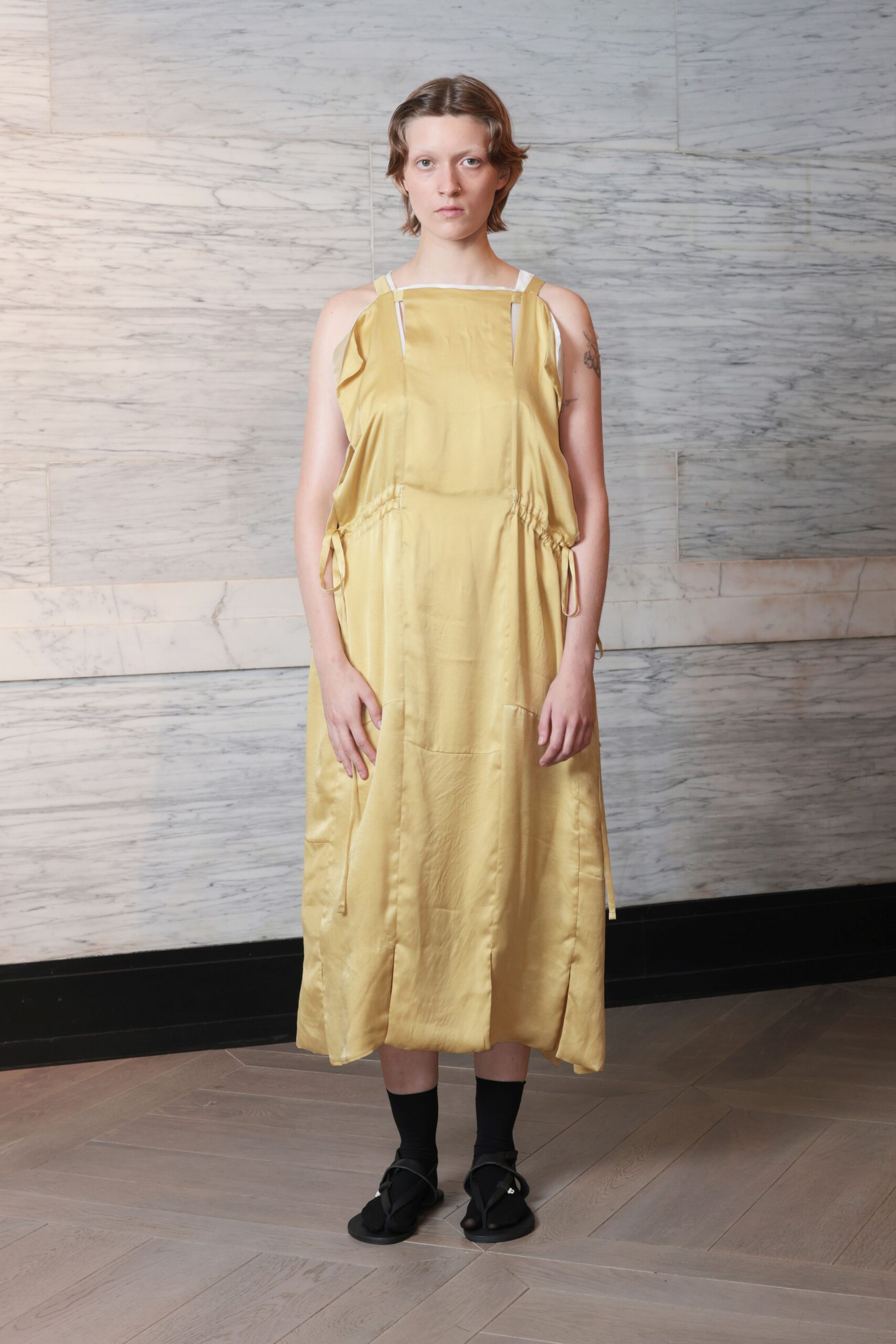 yellow silk relaxed midi dress