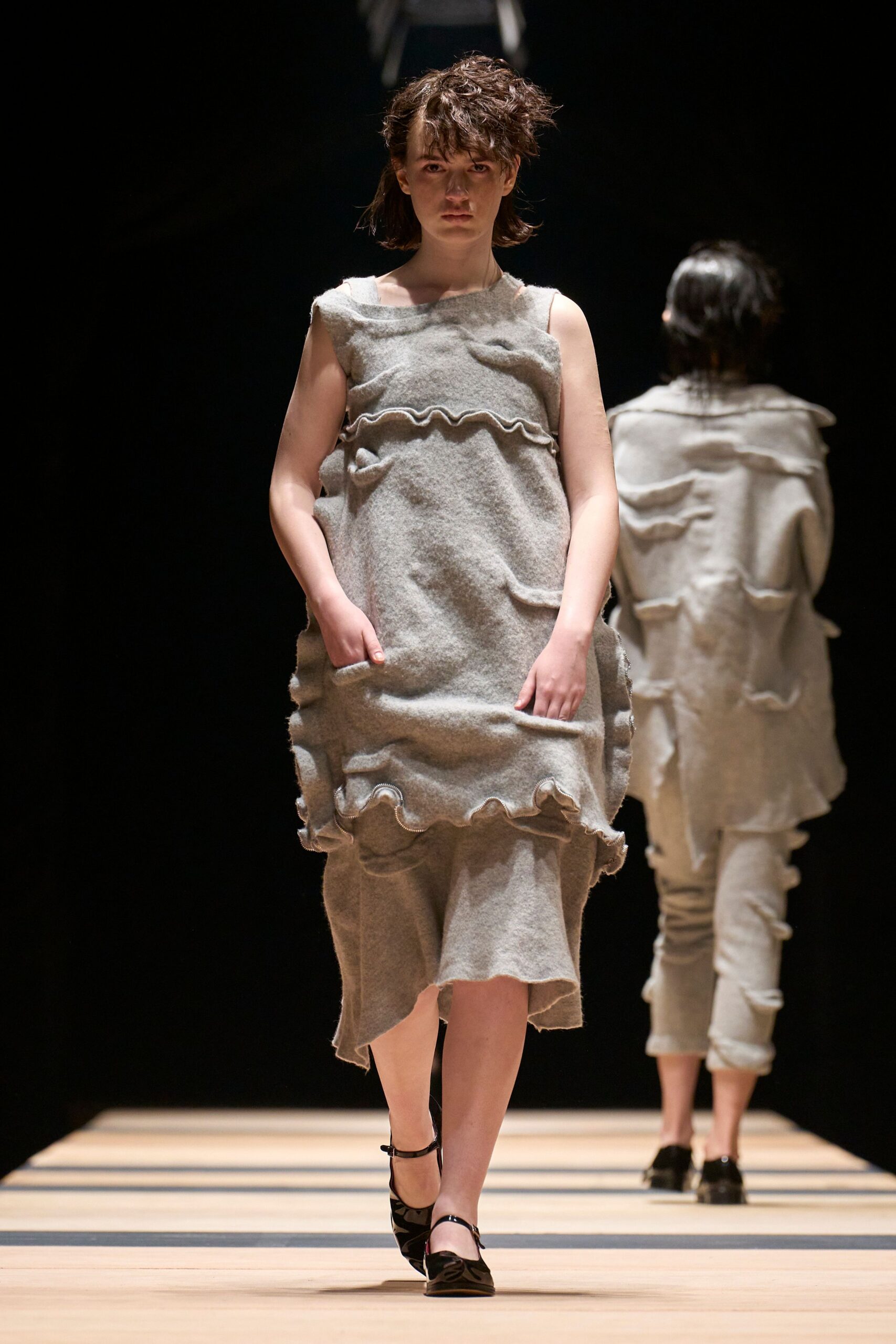 gray wool sleeveless relaxed ruffled draped midi dress