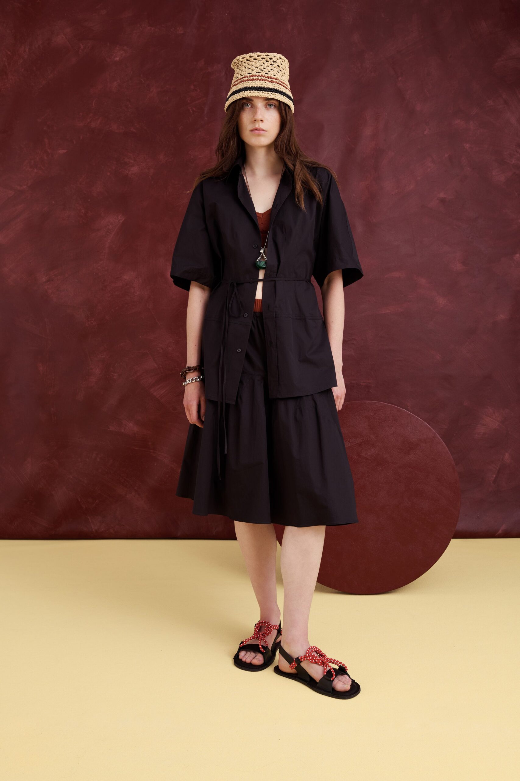 black cotton short-sleeve collared relaxed buttoned top