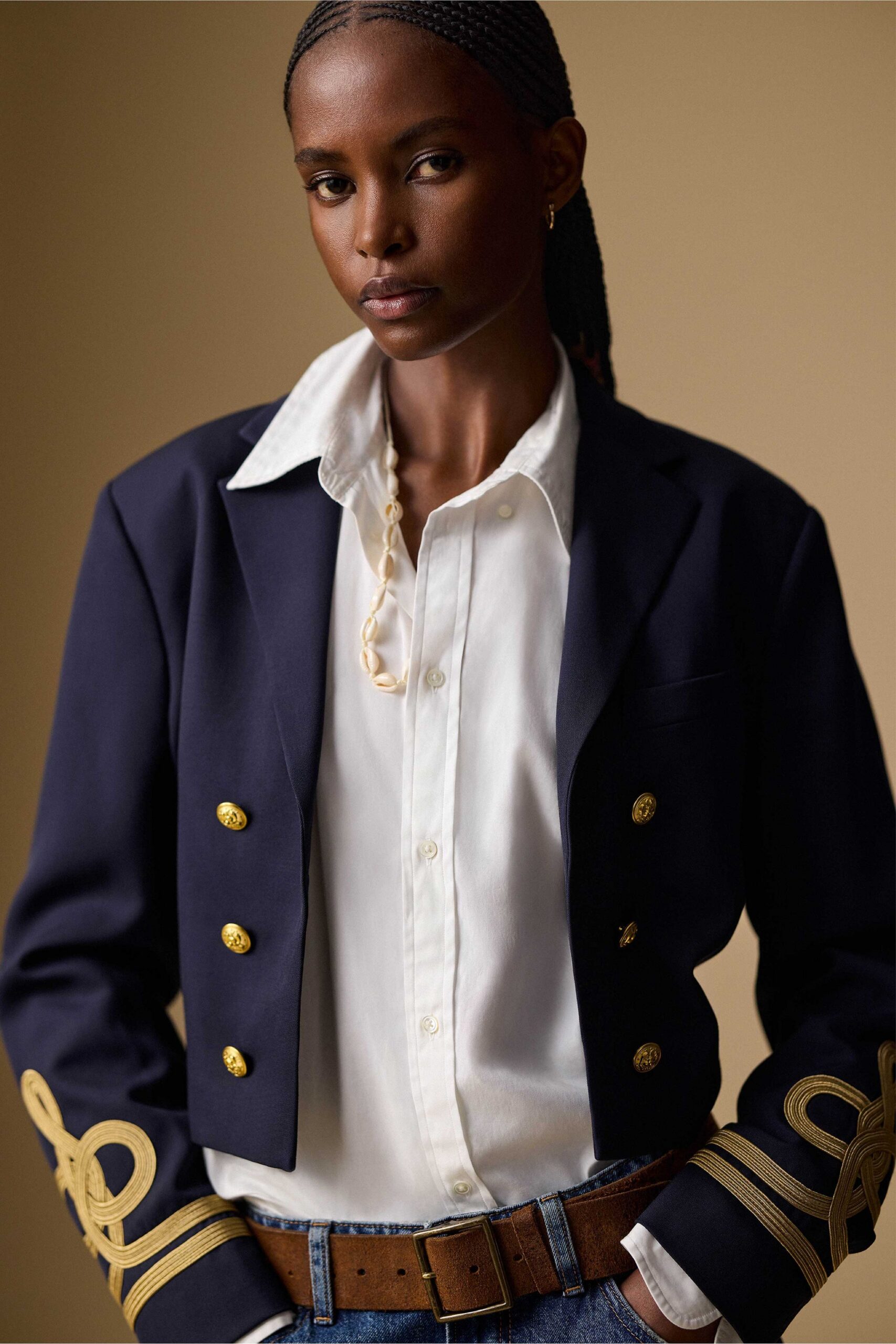 blue cotton long-sleeve collared fitted buttoned blazer