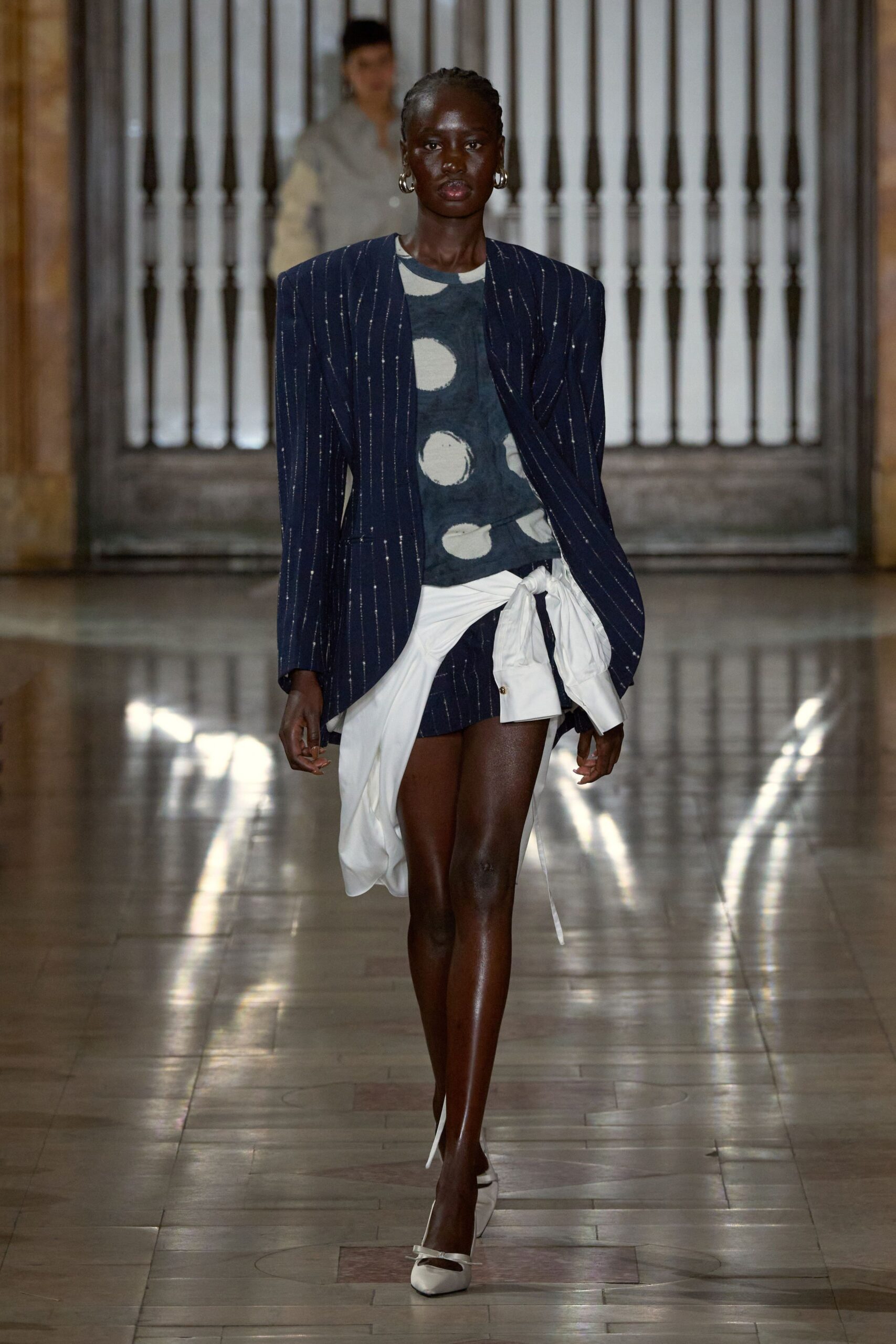blue striped blazer with mini skirt