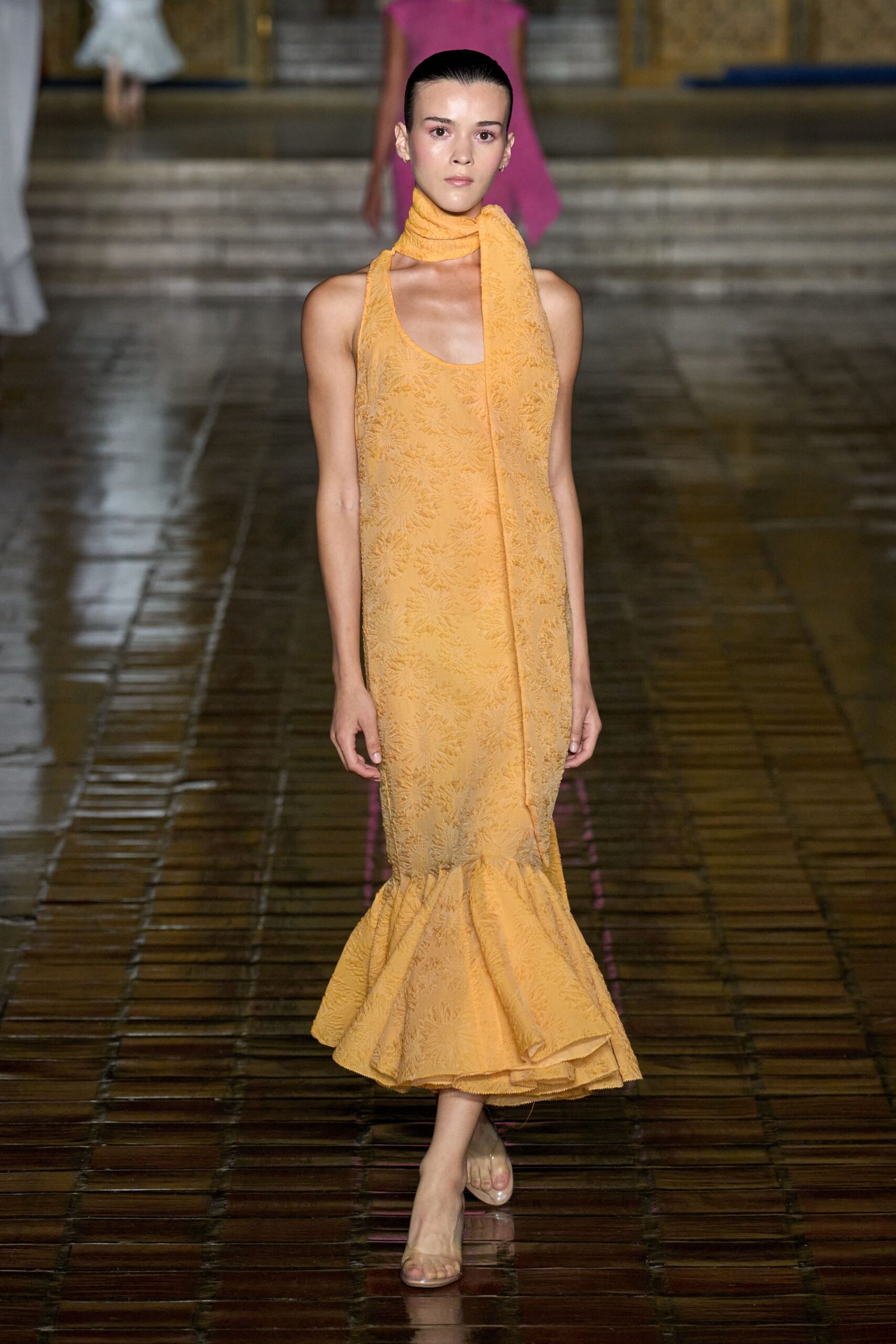 yellow lace midi dress