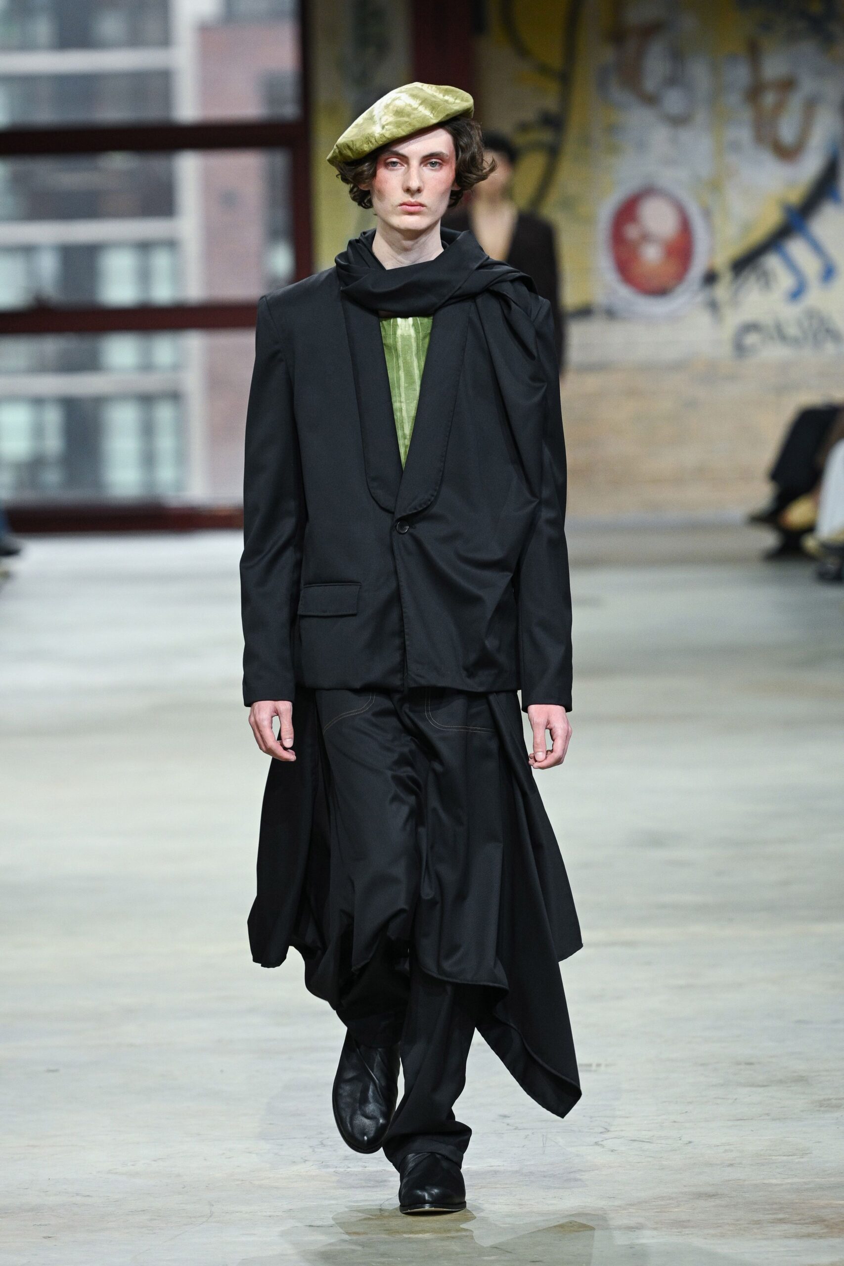 black silk long-sleeve collared relaxed layered suit