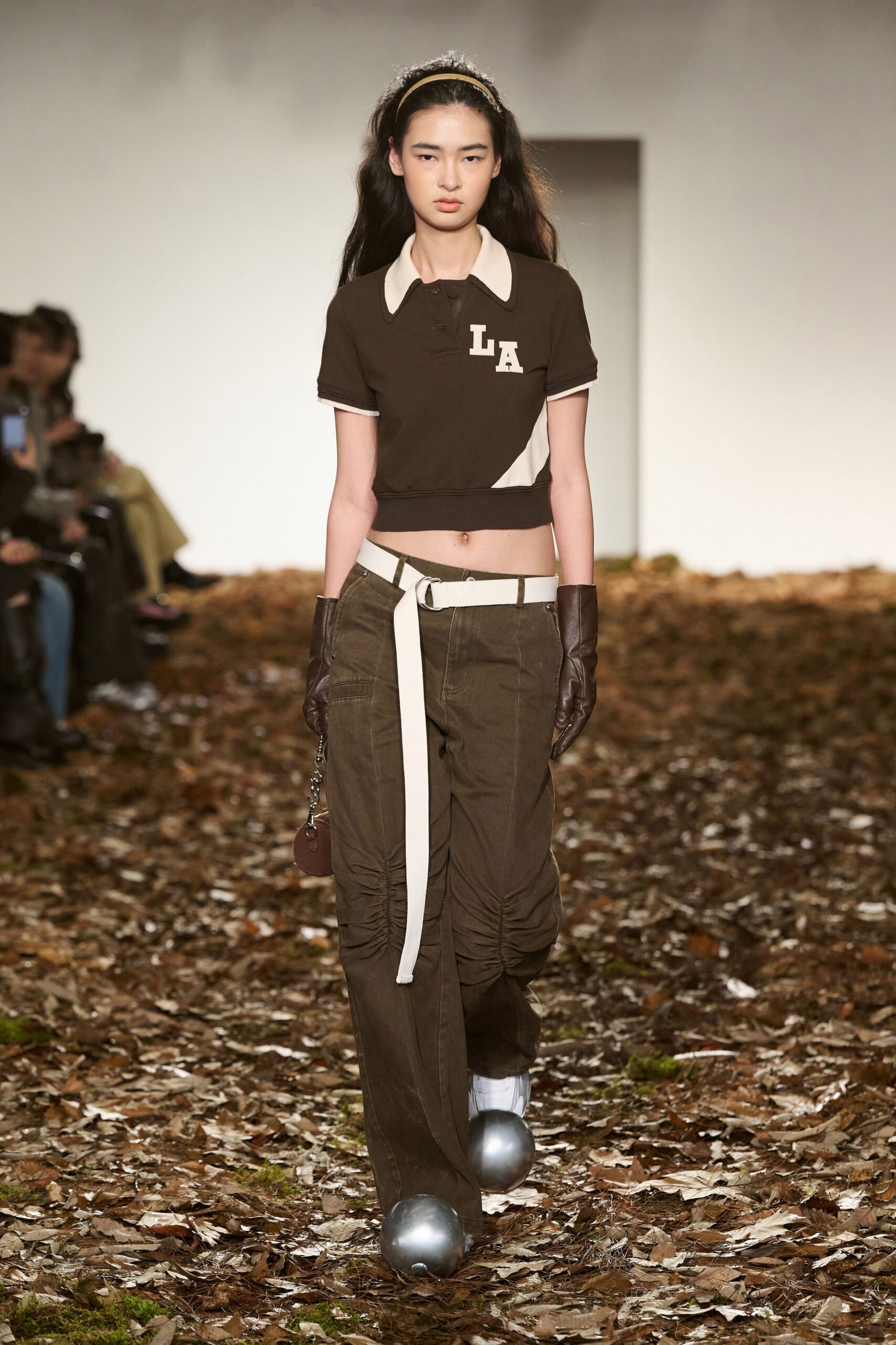brown fitted top with cargo pants