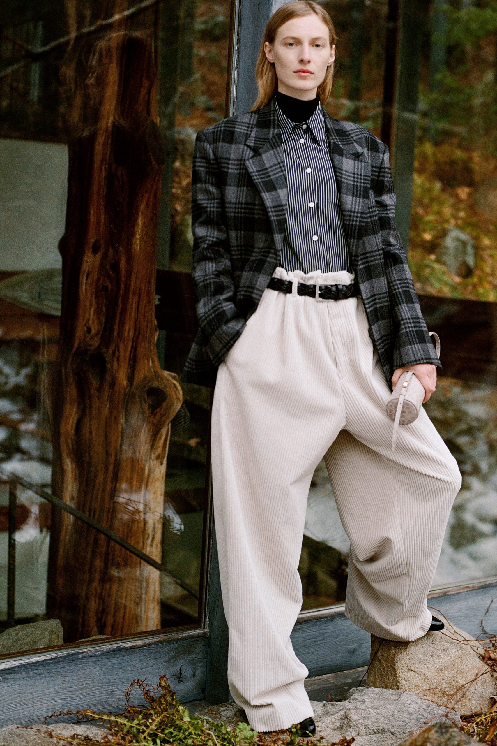 black wool long-sleeve collared structured checked blazer