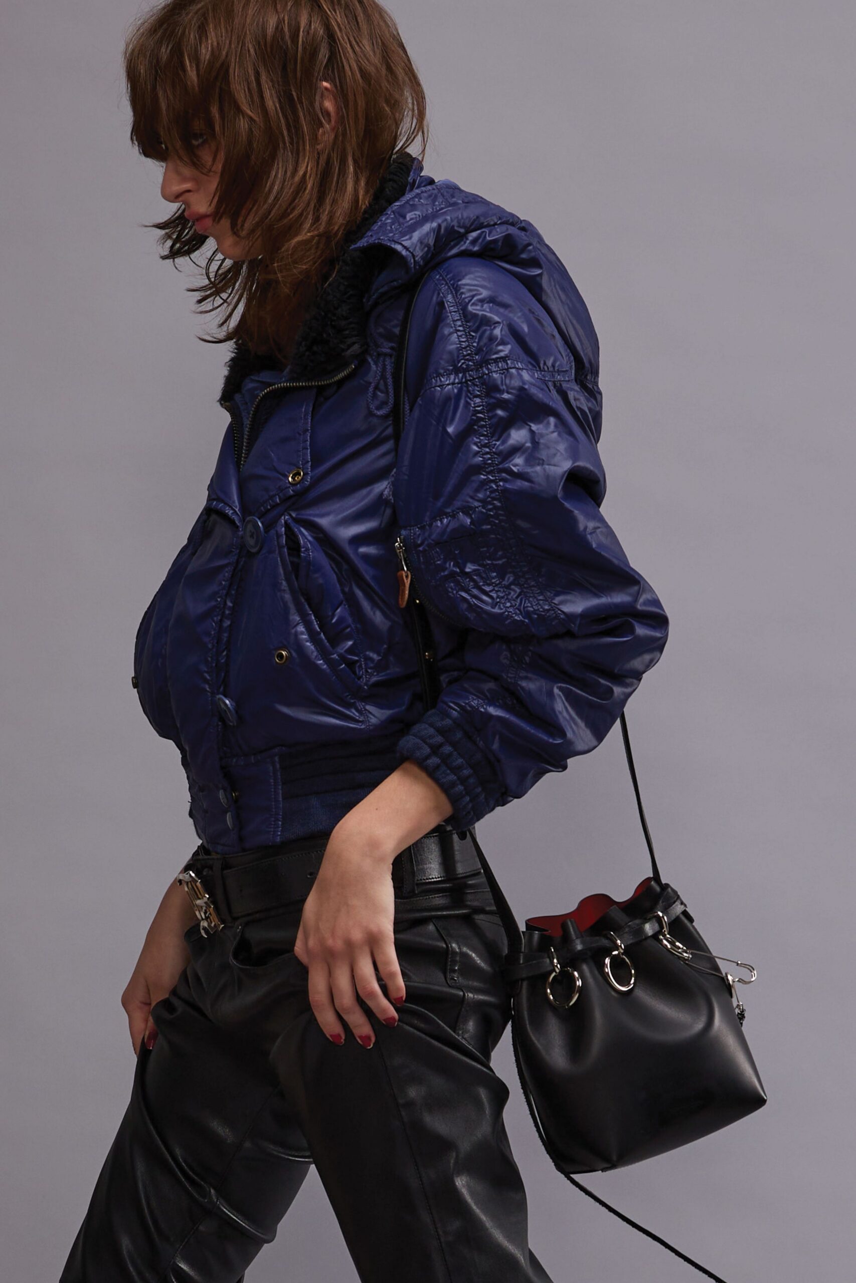 blue jersey long-sleeve collared fitted zippered jacket
