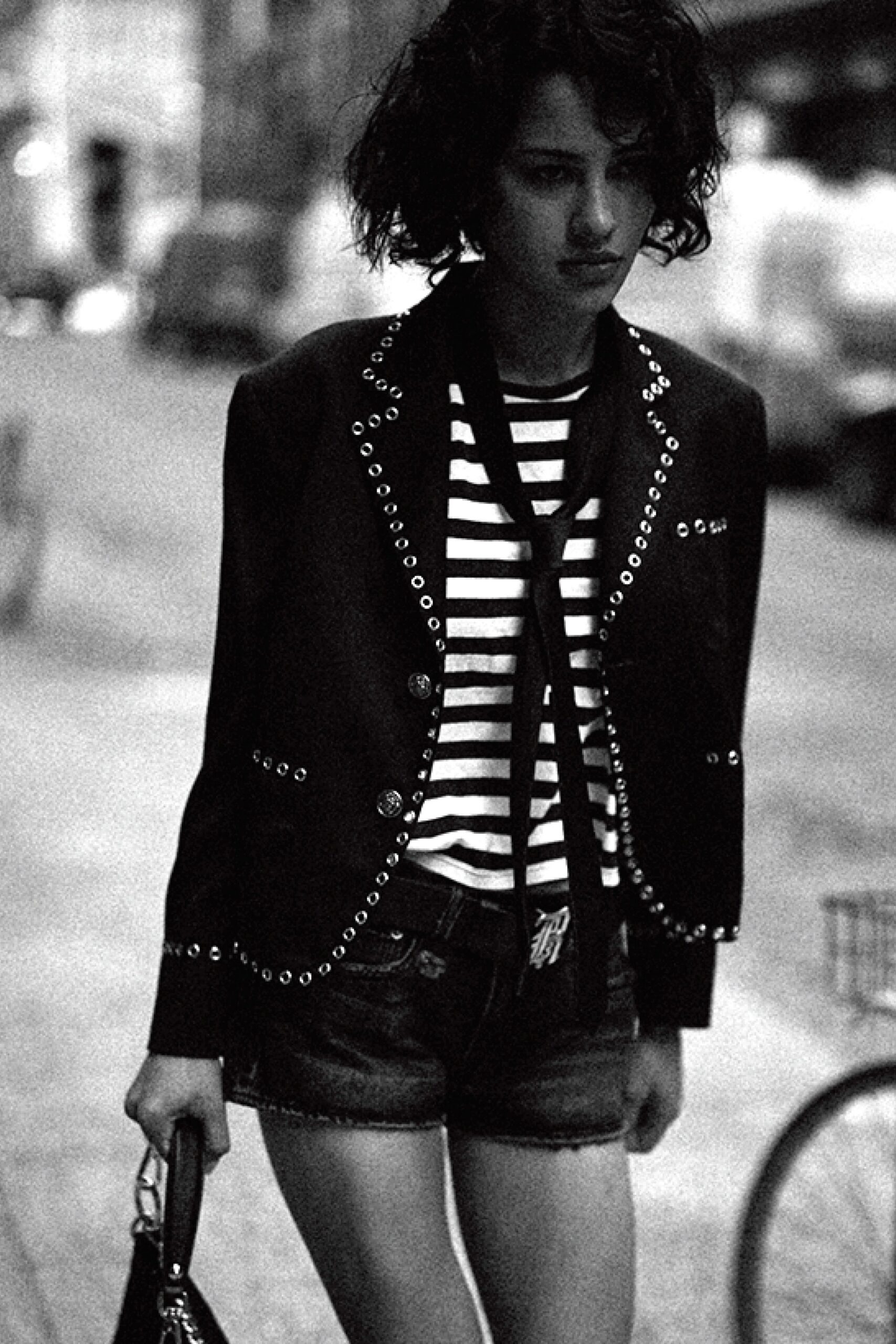 black tailored blazer with striped top