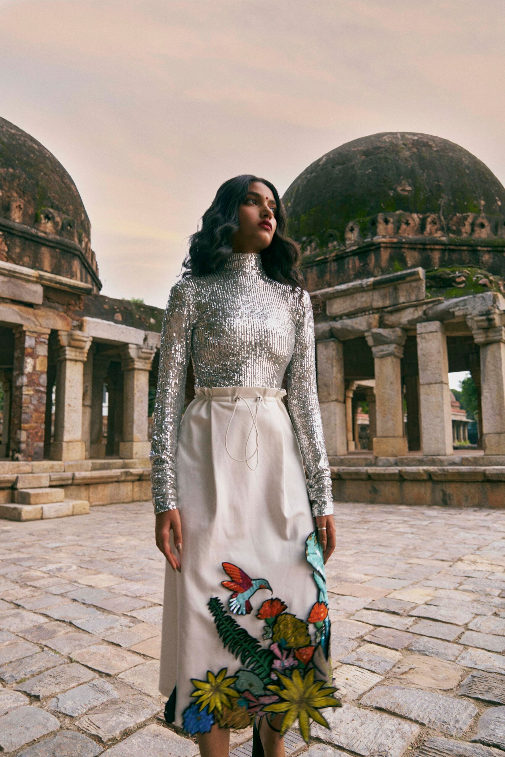 white silk relaxed embroidered a-line midi skirt