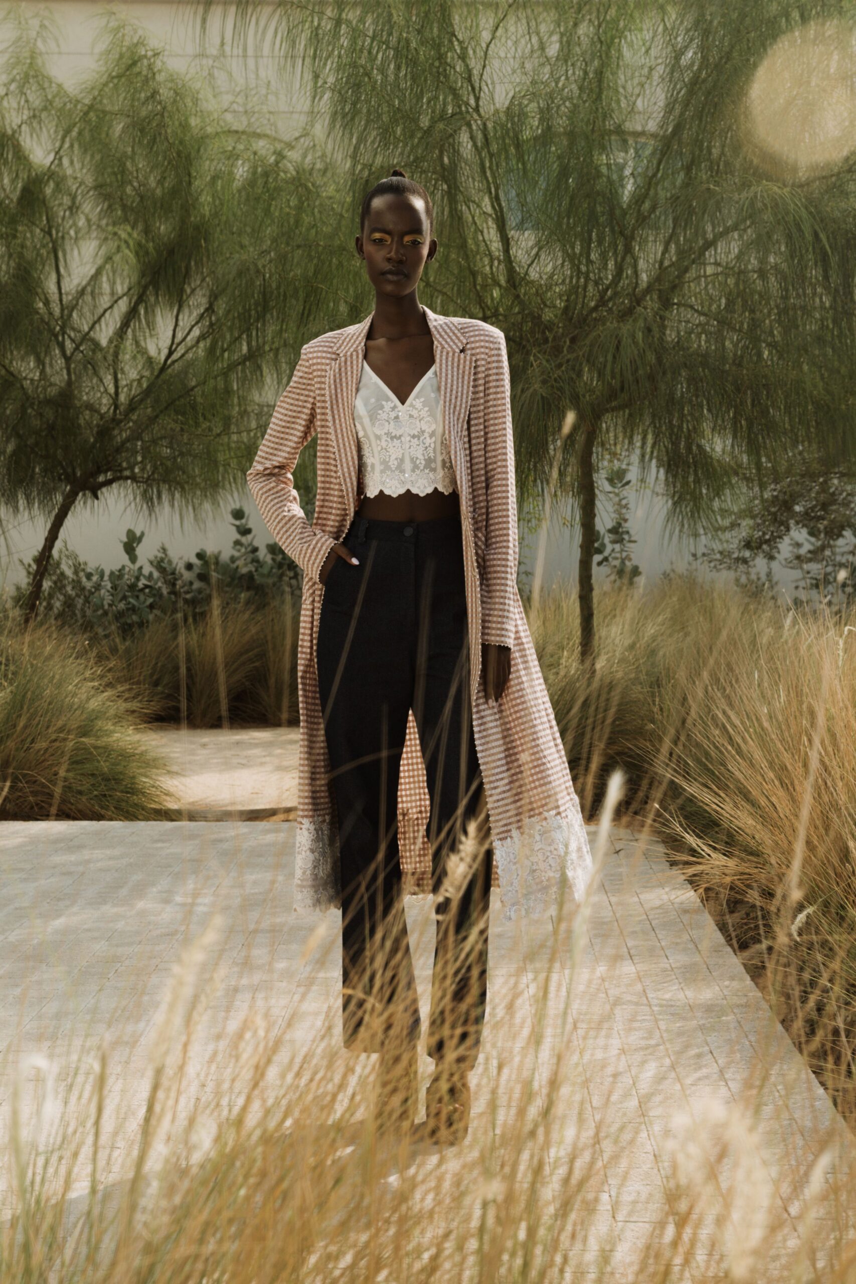 brown cotton long-sleeve collared tailored checked maxi coat