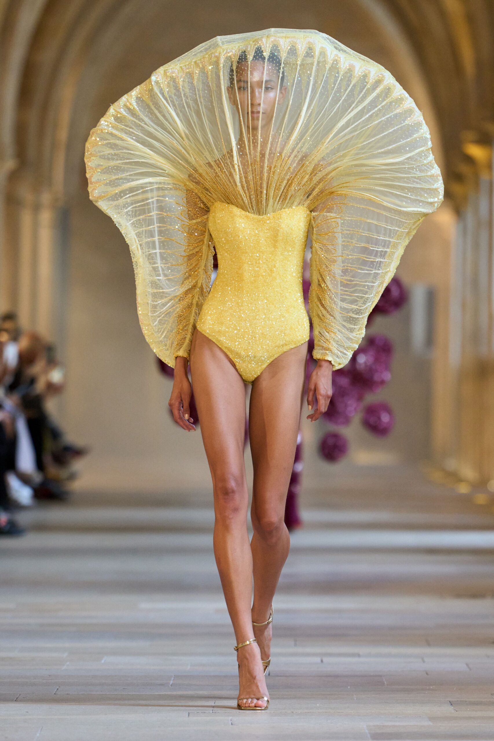 yellow silk structured draped cape