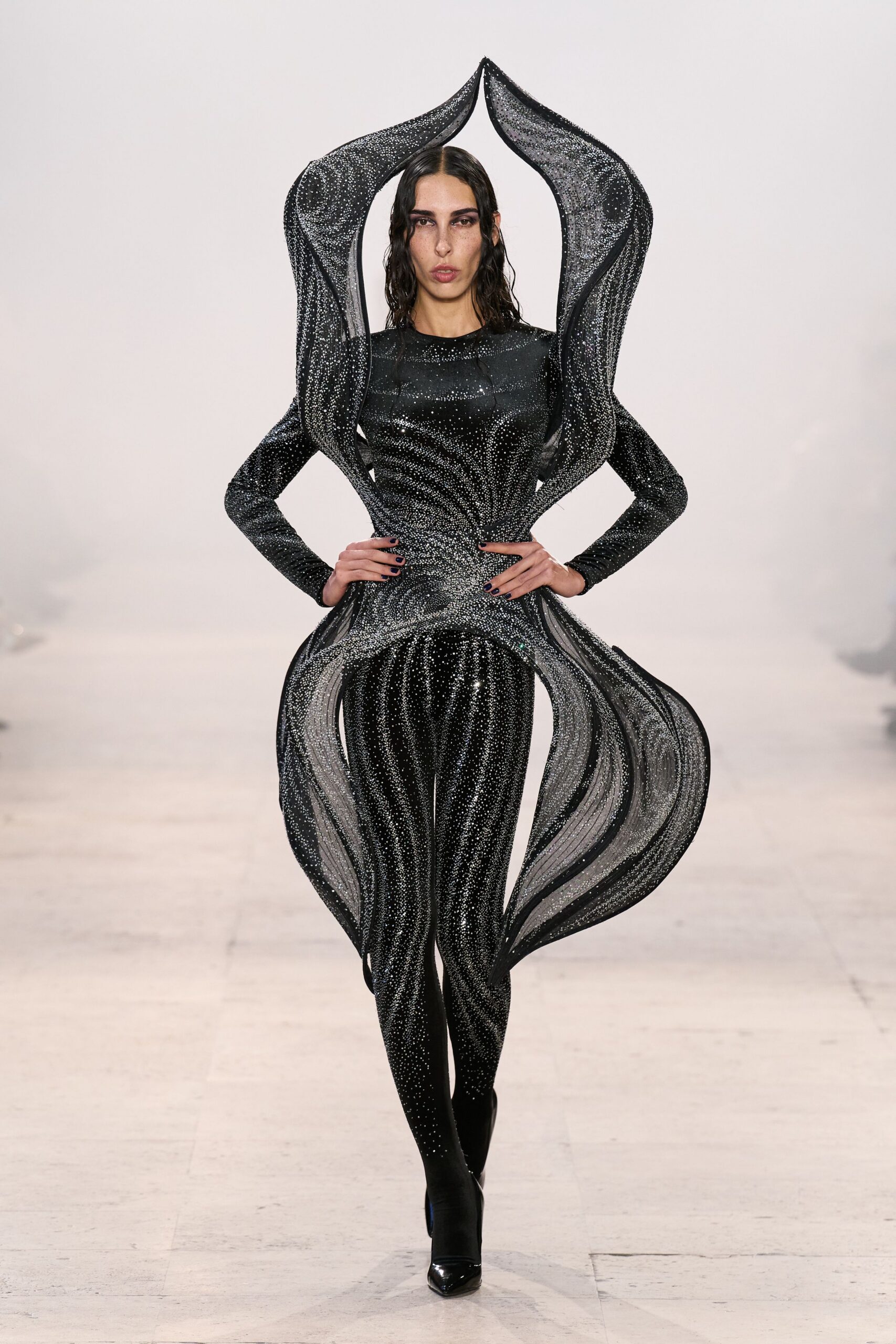 black metallic long-sleeve high-neck fitted draped embellished catsuit