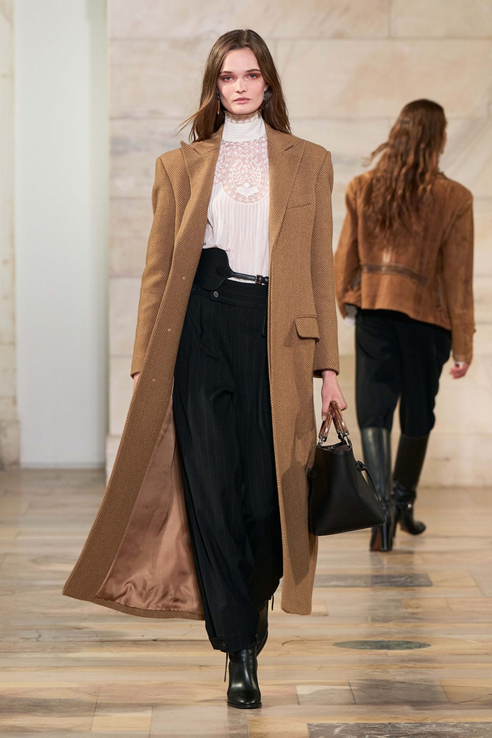 brown wool long-sleeve collared fitted buttoned maxi coat
