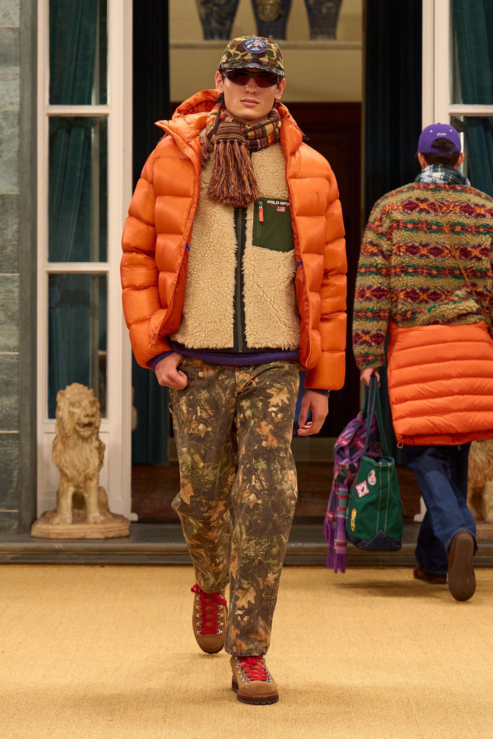 orange relaxed jacket with camouflage pants
