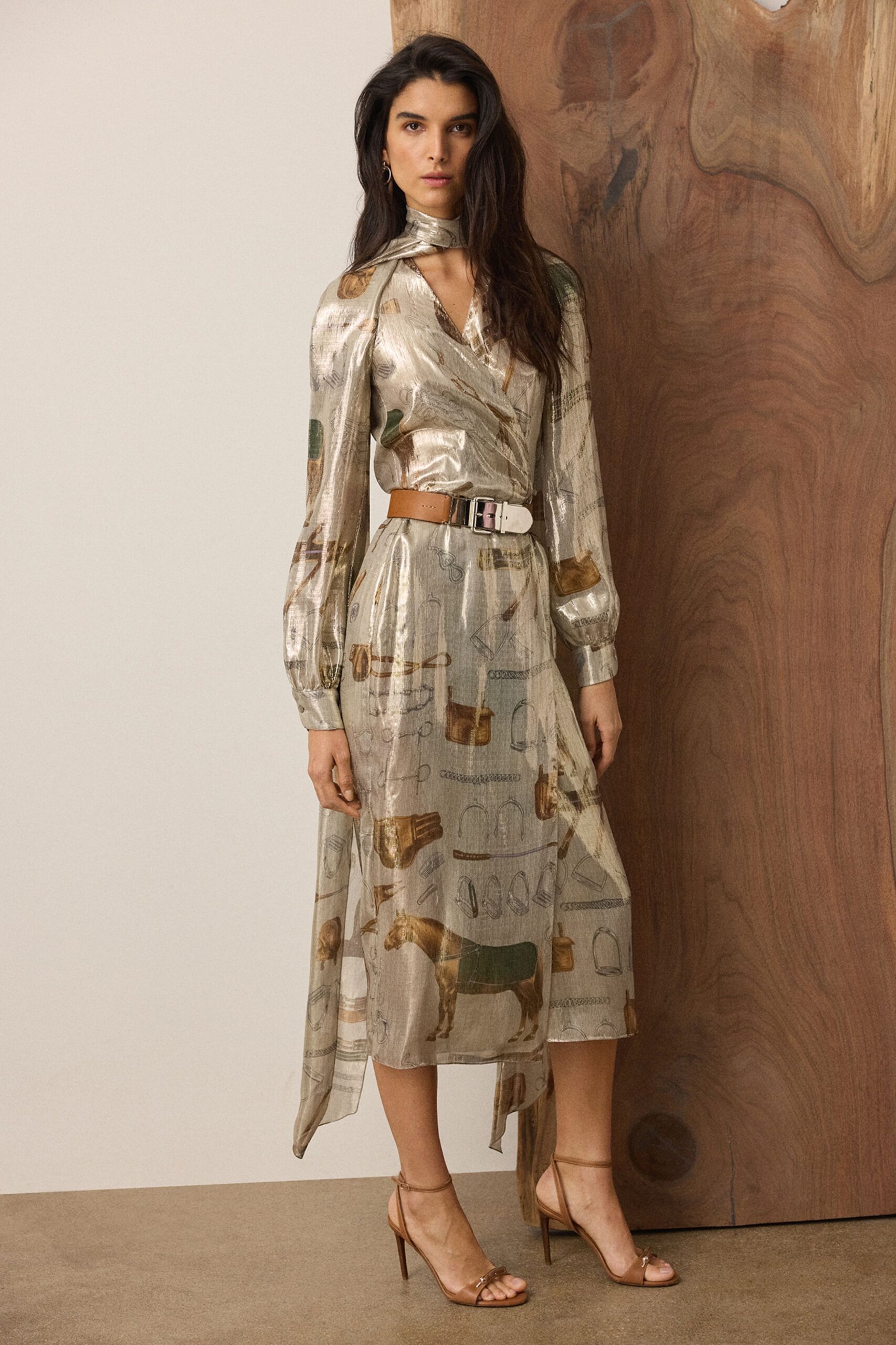 gold silk long-sleeve v-neck fitted printed belted dress