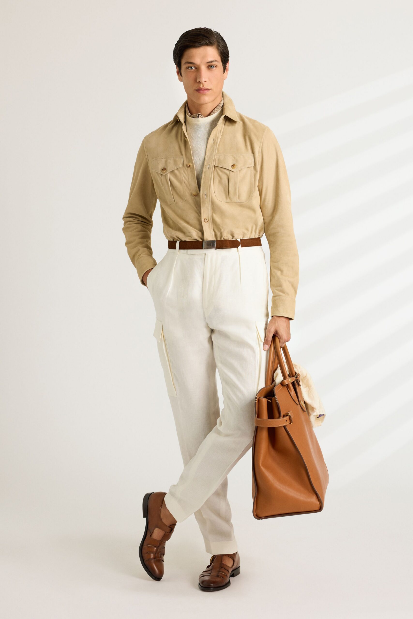 beige jacket white pants brown shoes