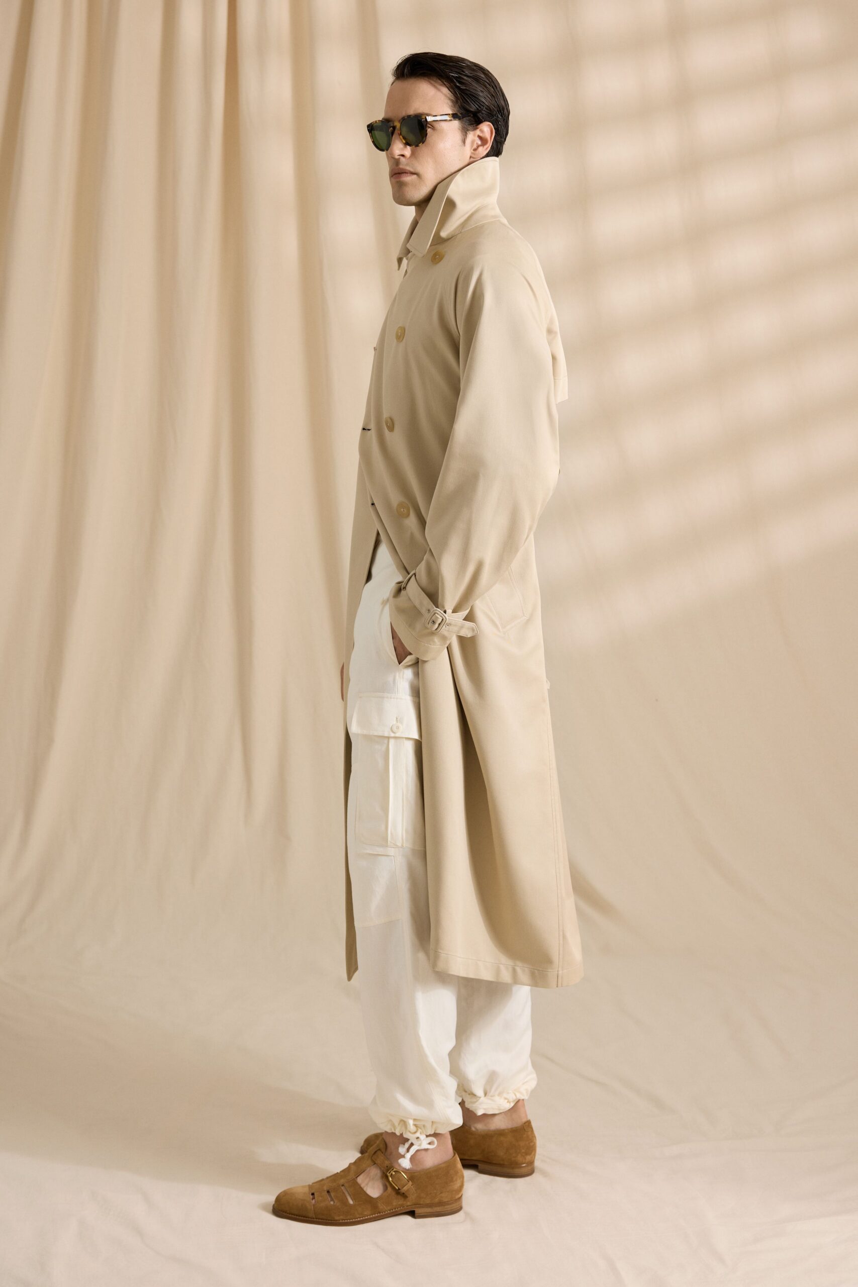 beige cotton long-sleeve collared relaxed maxi trench