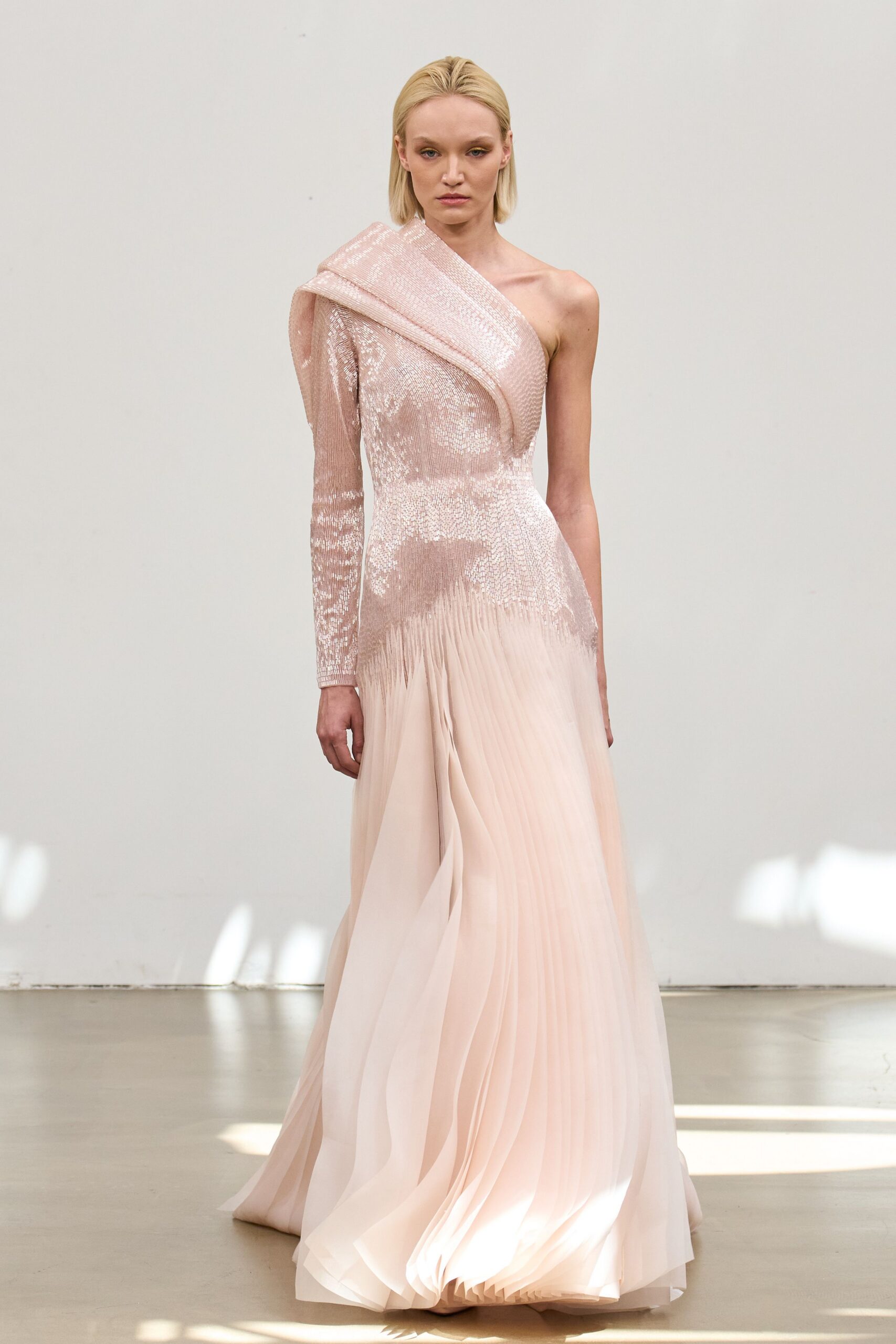 pink silk sequin gown