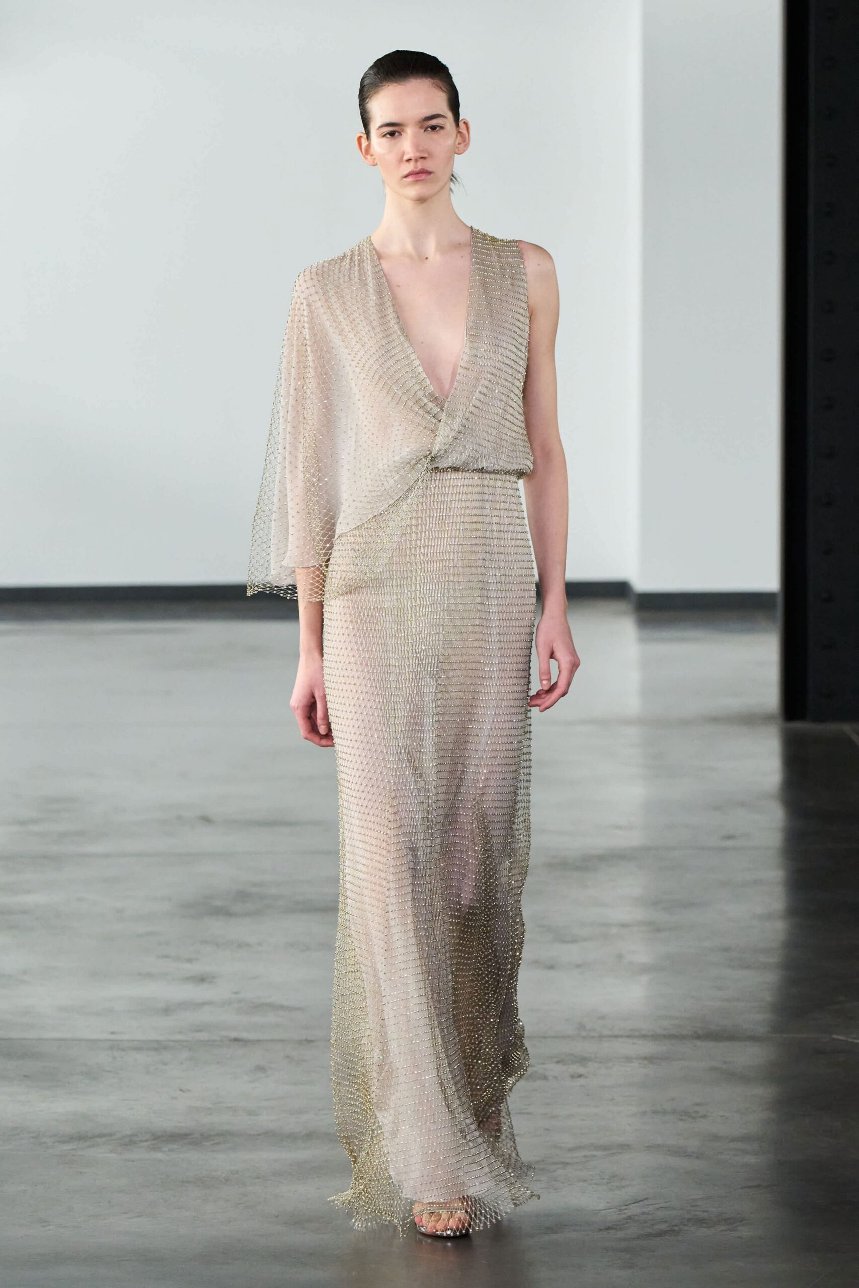gold beige sheer gown with strappy shoes