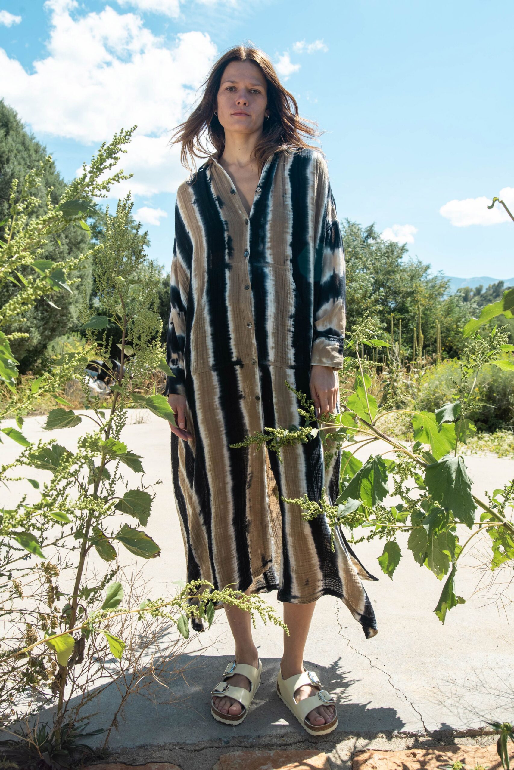beige cotton long-sleeve collared relaxed striped buttoned shirt-dress