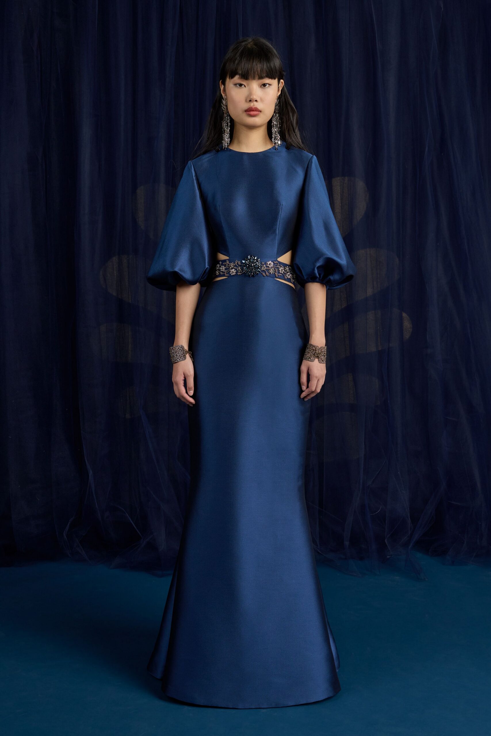 blue satin fitted gown