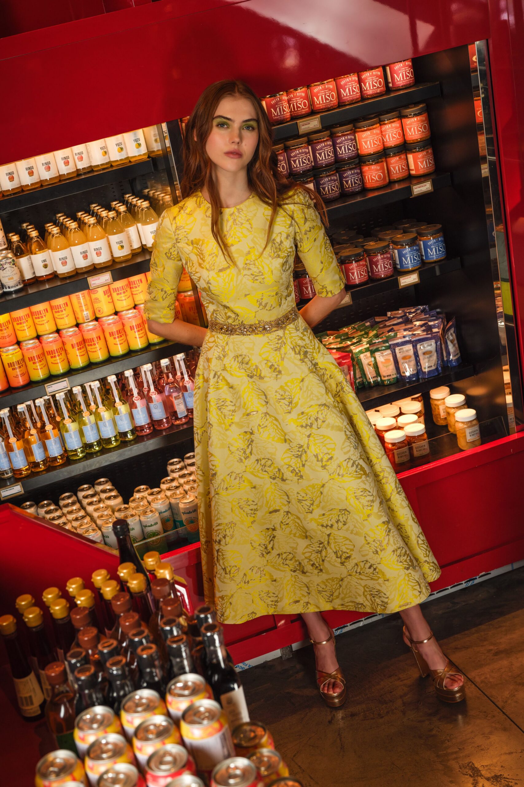 yellow cotton short-sleeve collared fitted floral a-line dress