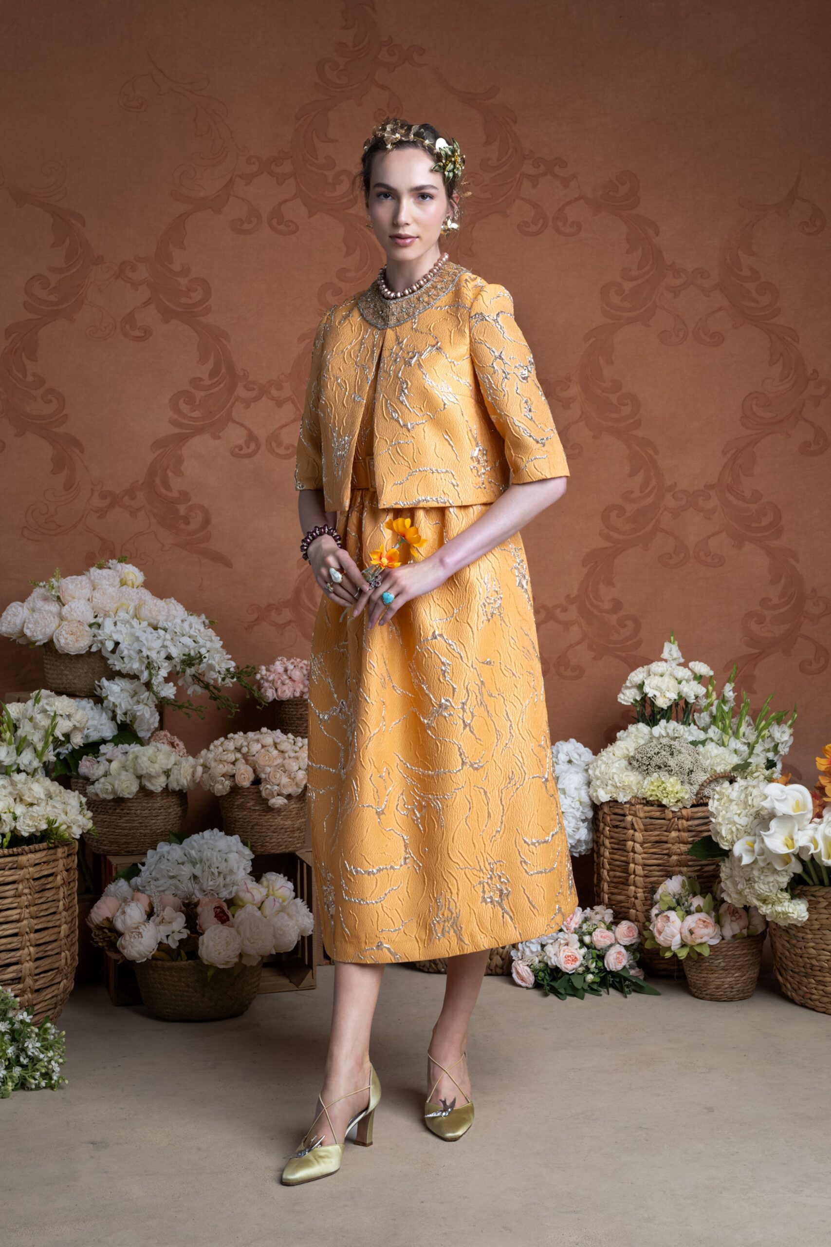 yellow embroidered midi dress