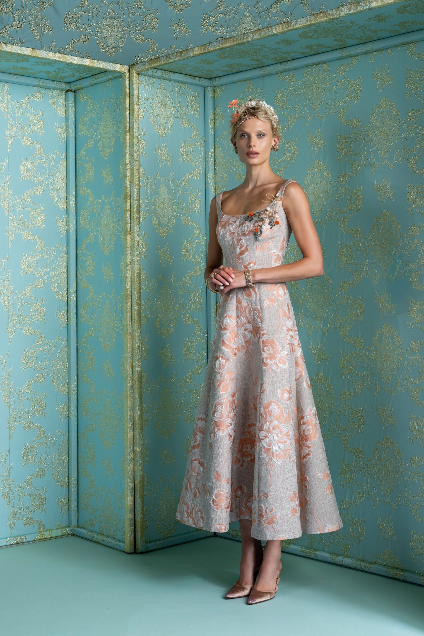 floral midi dress with beige shoes