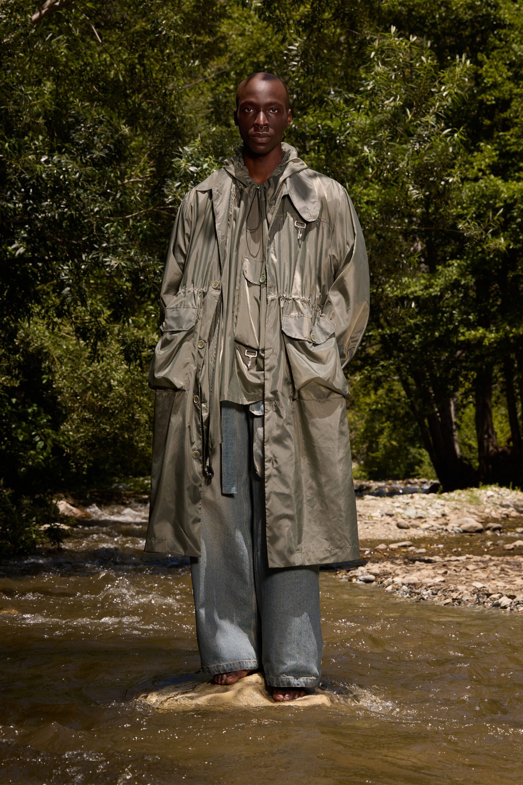 green jersey long-sleeve collared relaxed pockets maxi coat