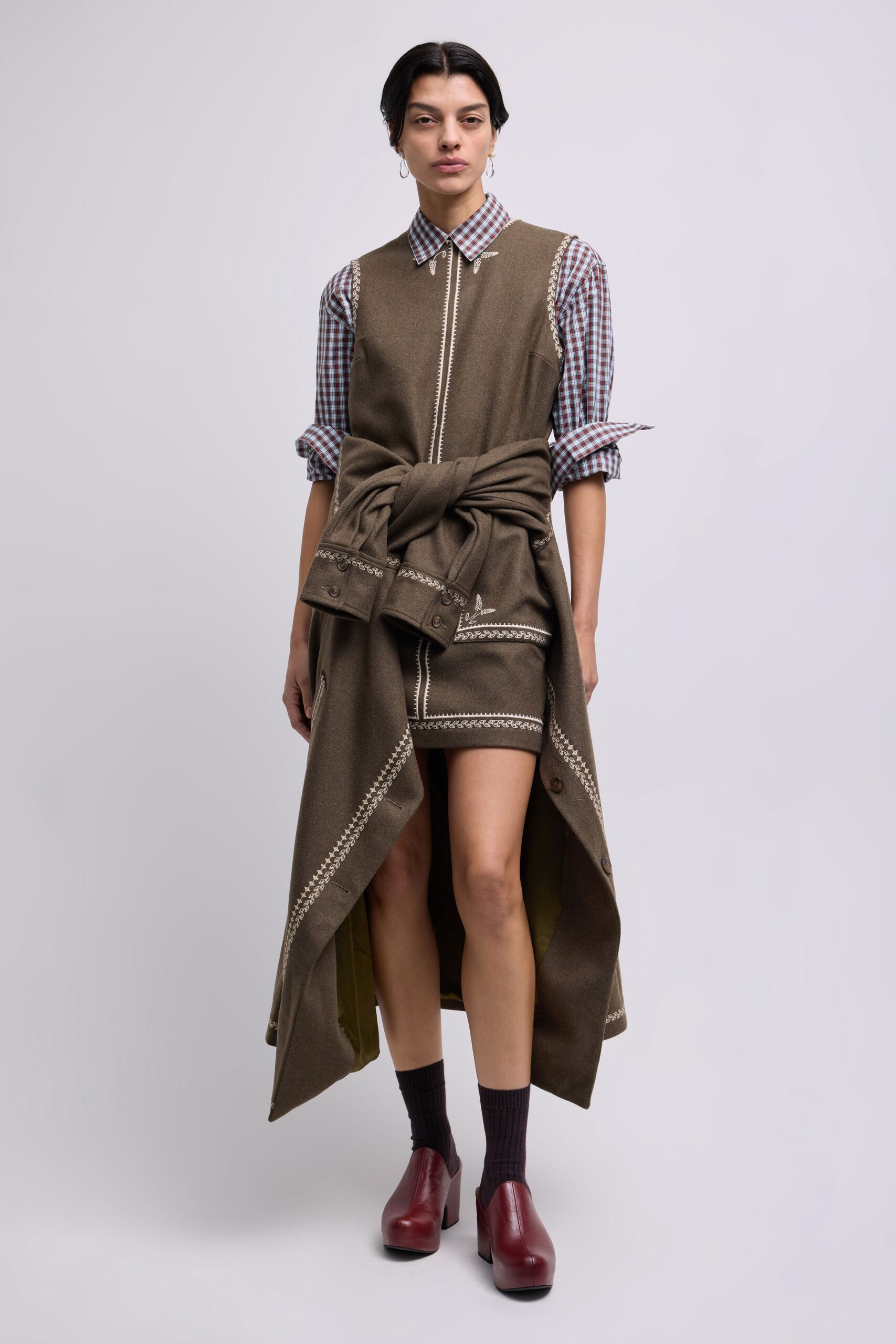 brown wool long-sleeve collared fitted belted vest