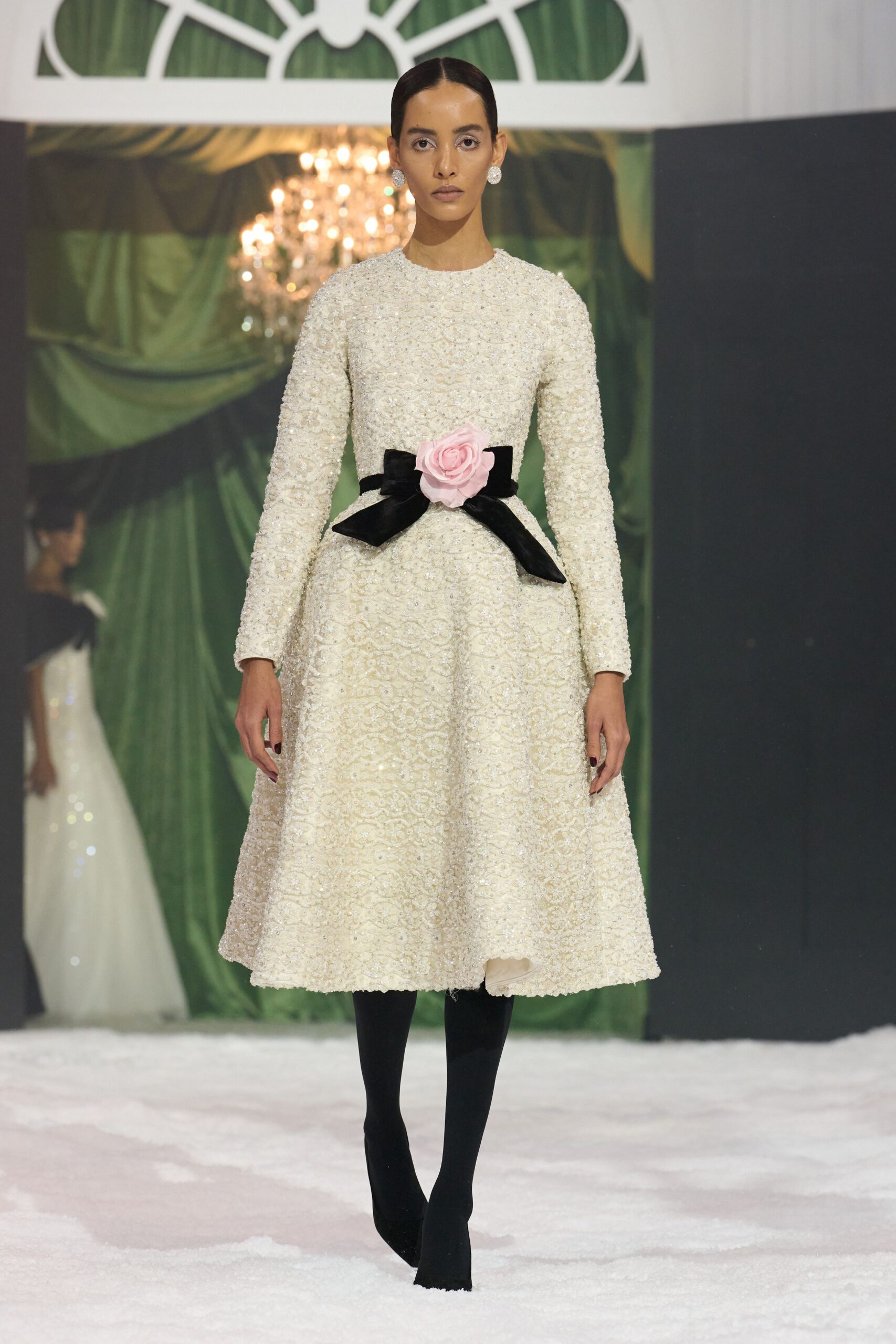 white tweed belted midi dress