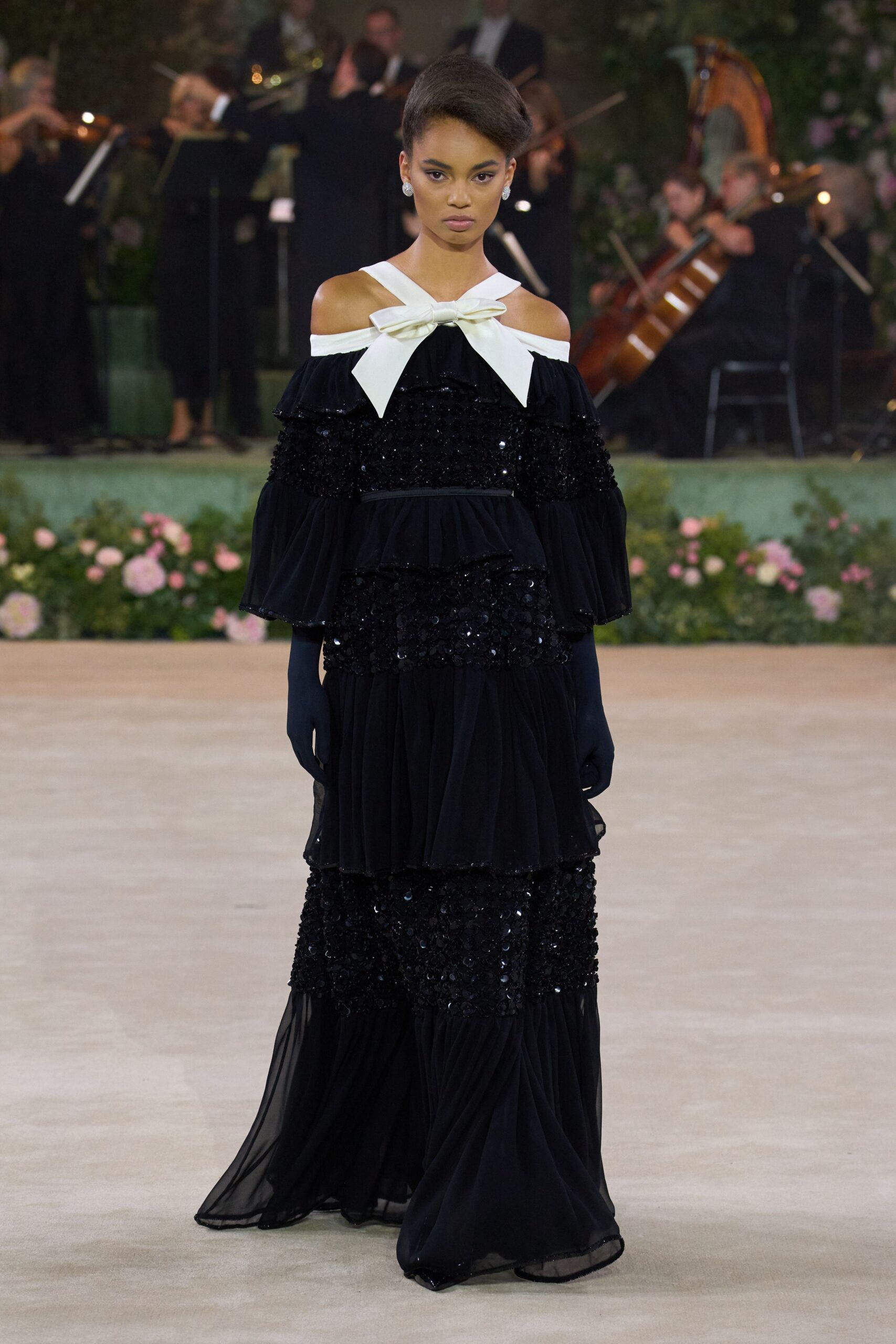black off-shoulder ruffled gown