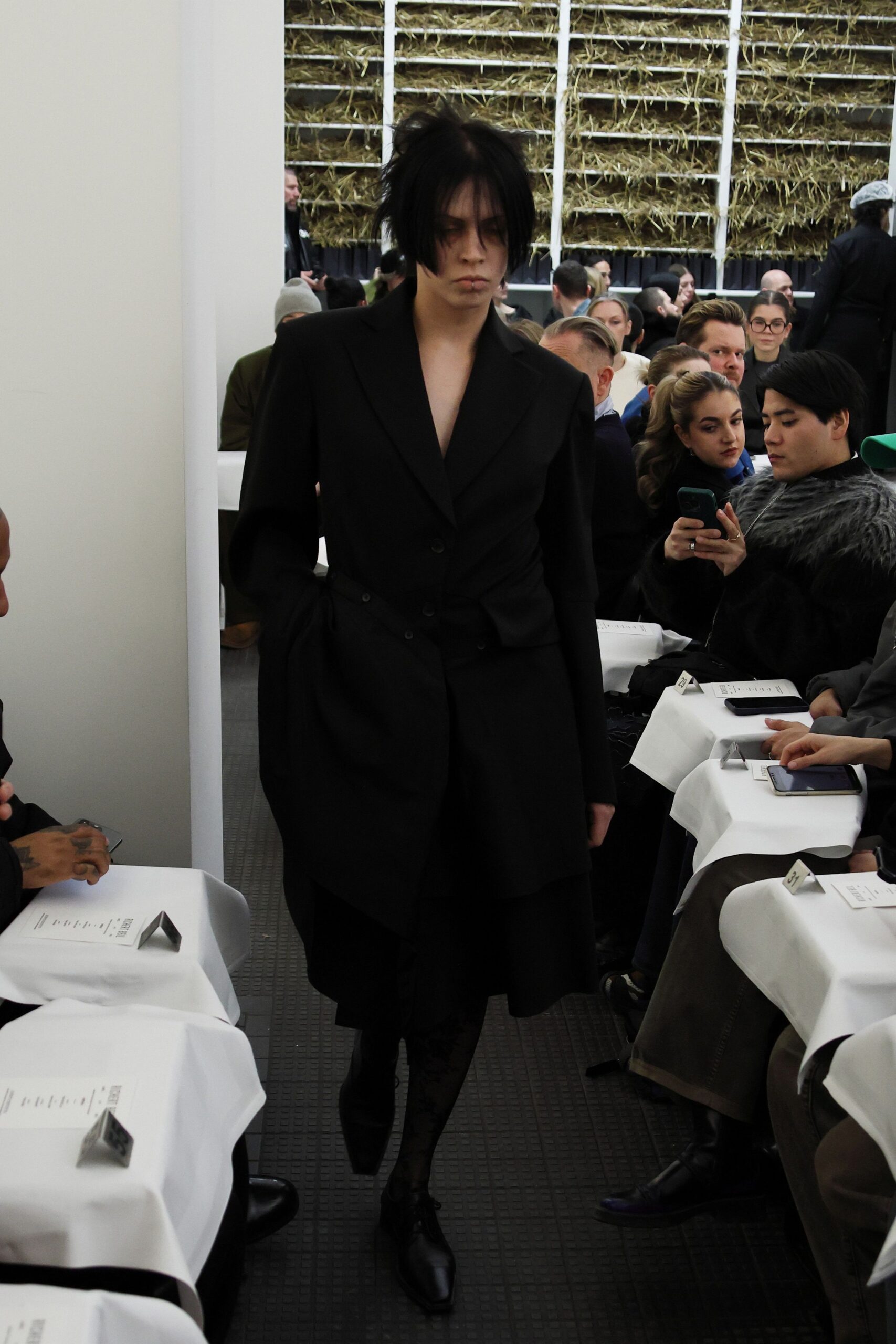 black wool long-sleeve collared structured buttoned midi coat