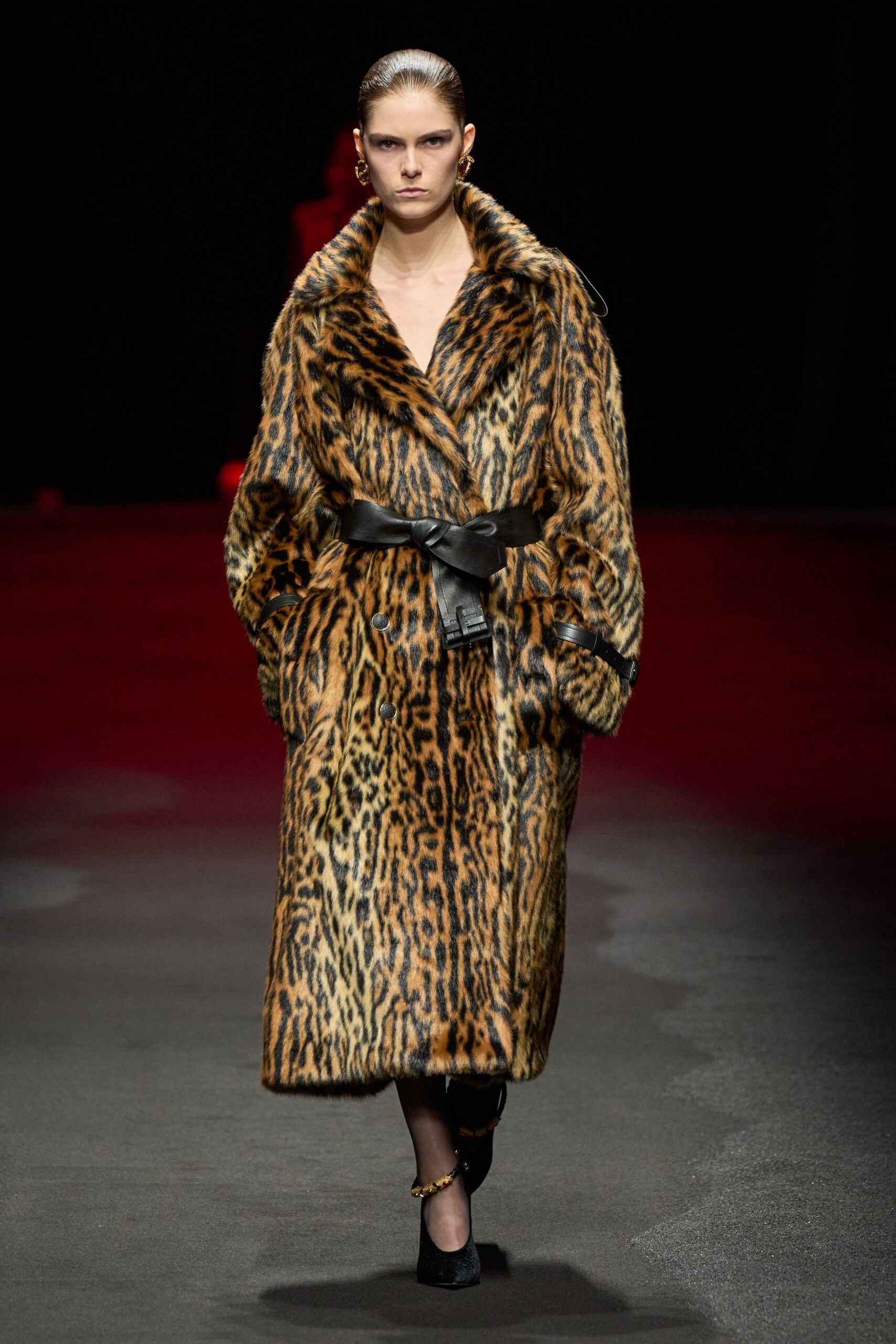 animal-print fur coat with belt