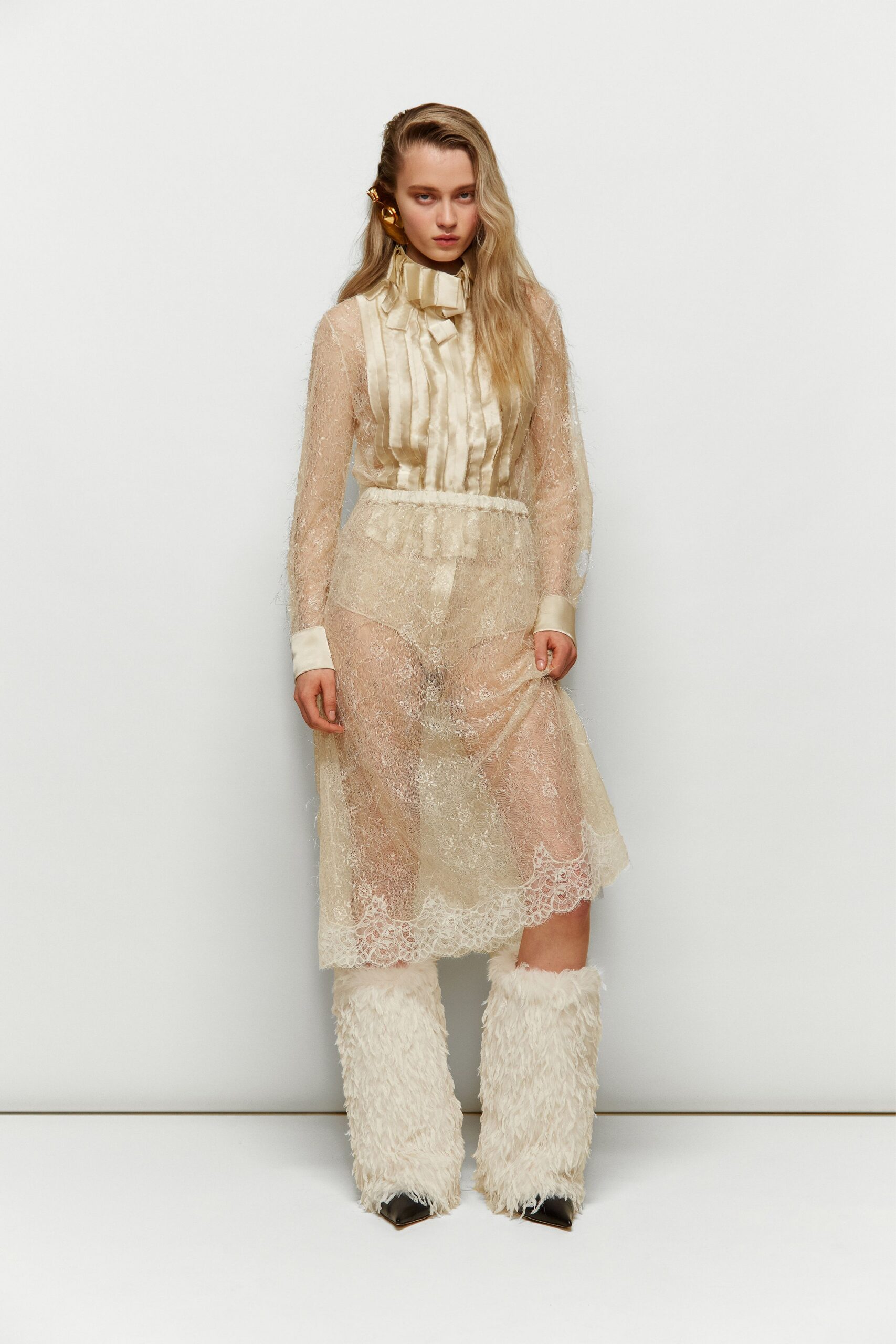 beige lace long-sleeve collared fitted pleated layered dress