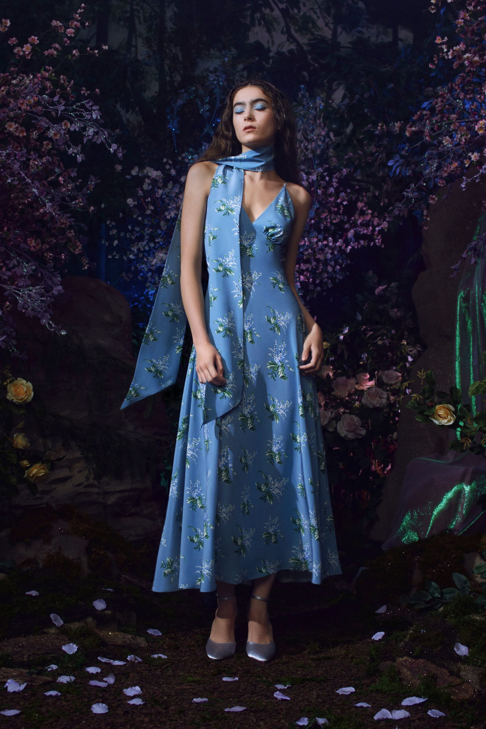 blue silk sleeveless v-neck fitted floral tiered dress