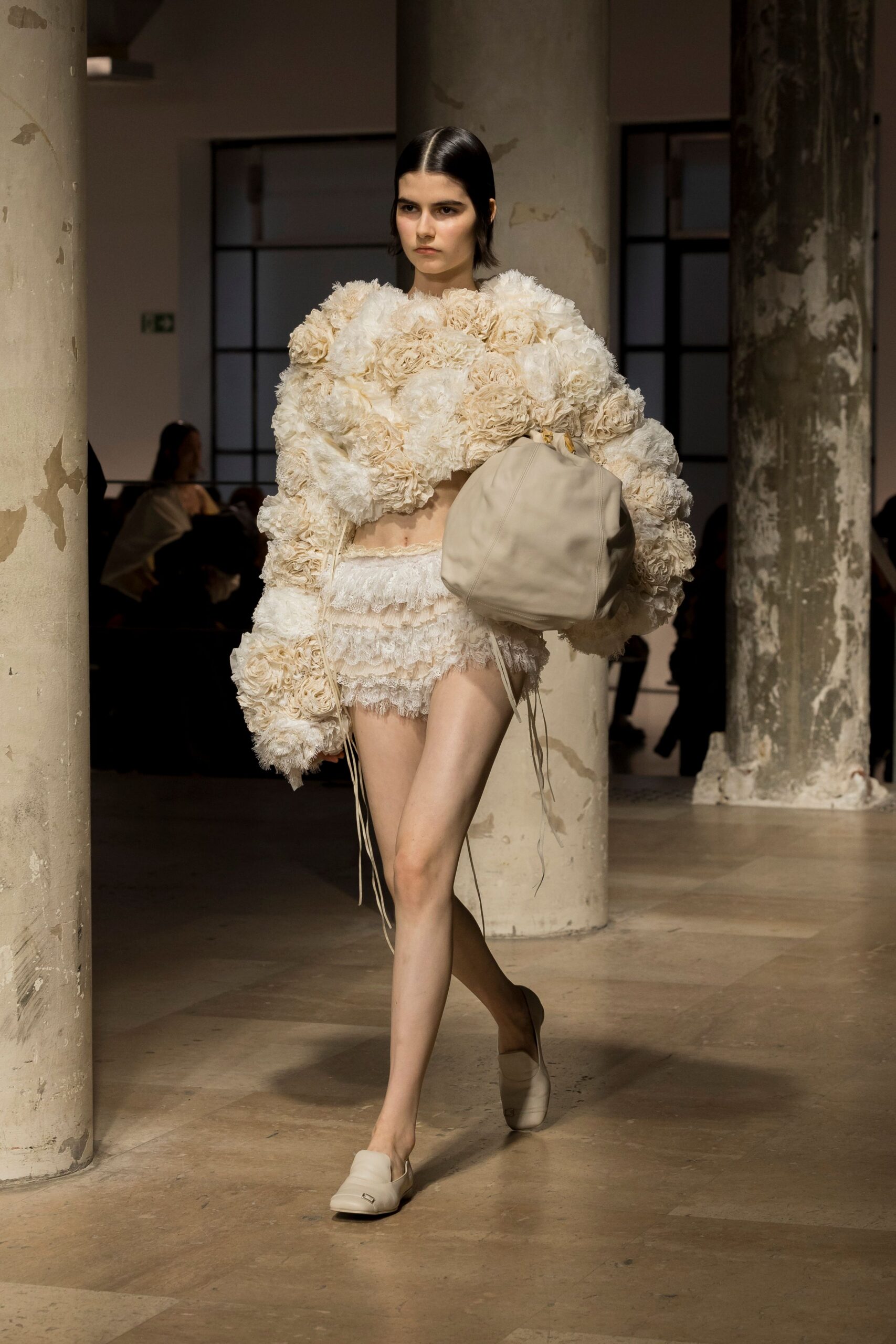 beige silk long-sleeve fitted ruffled top
