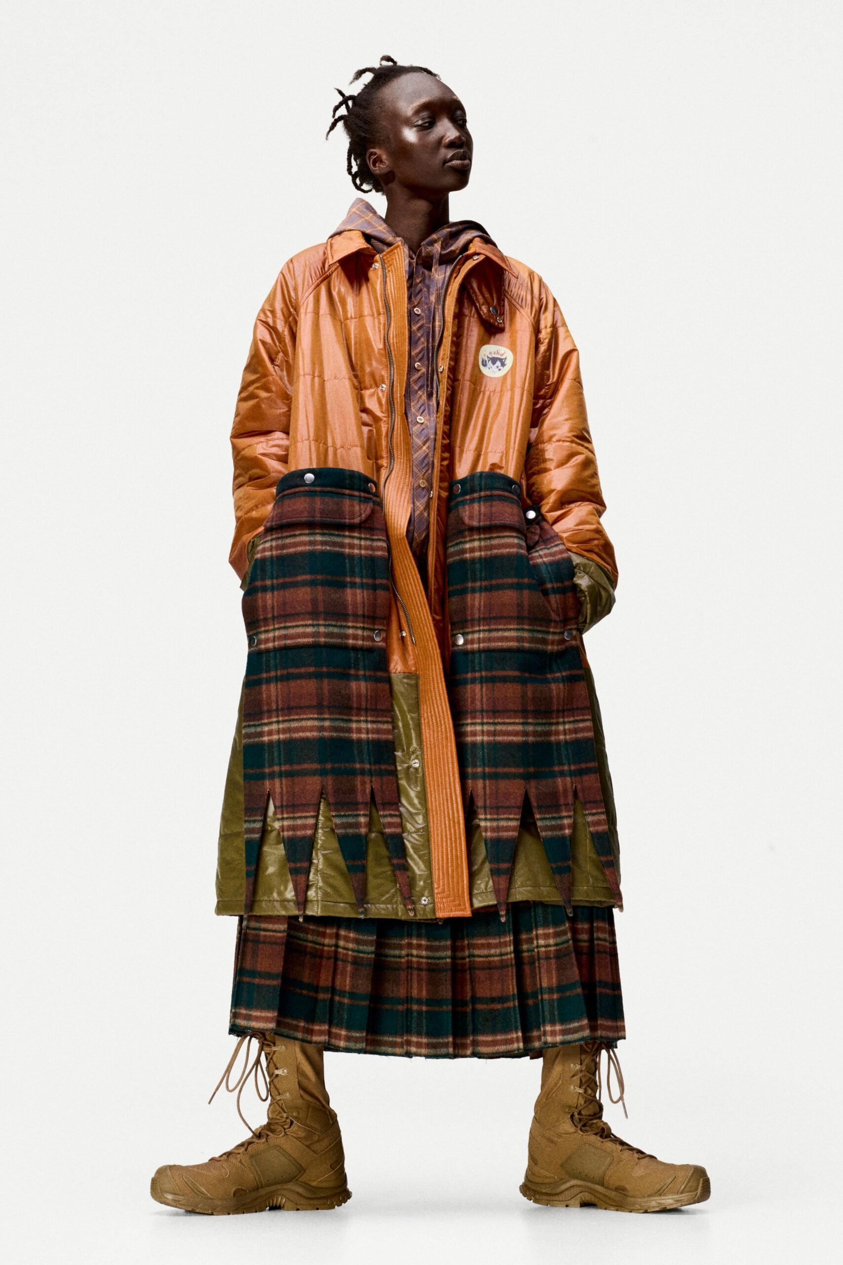 orange plaid coat with boots