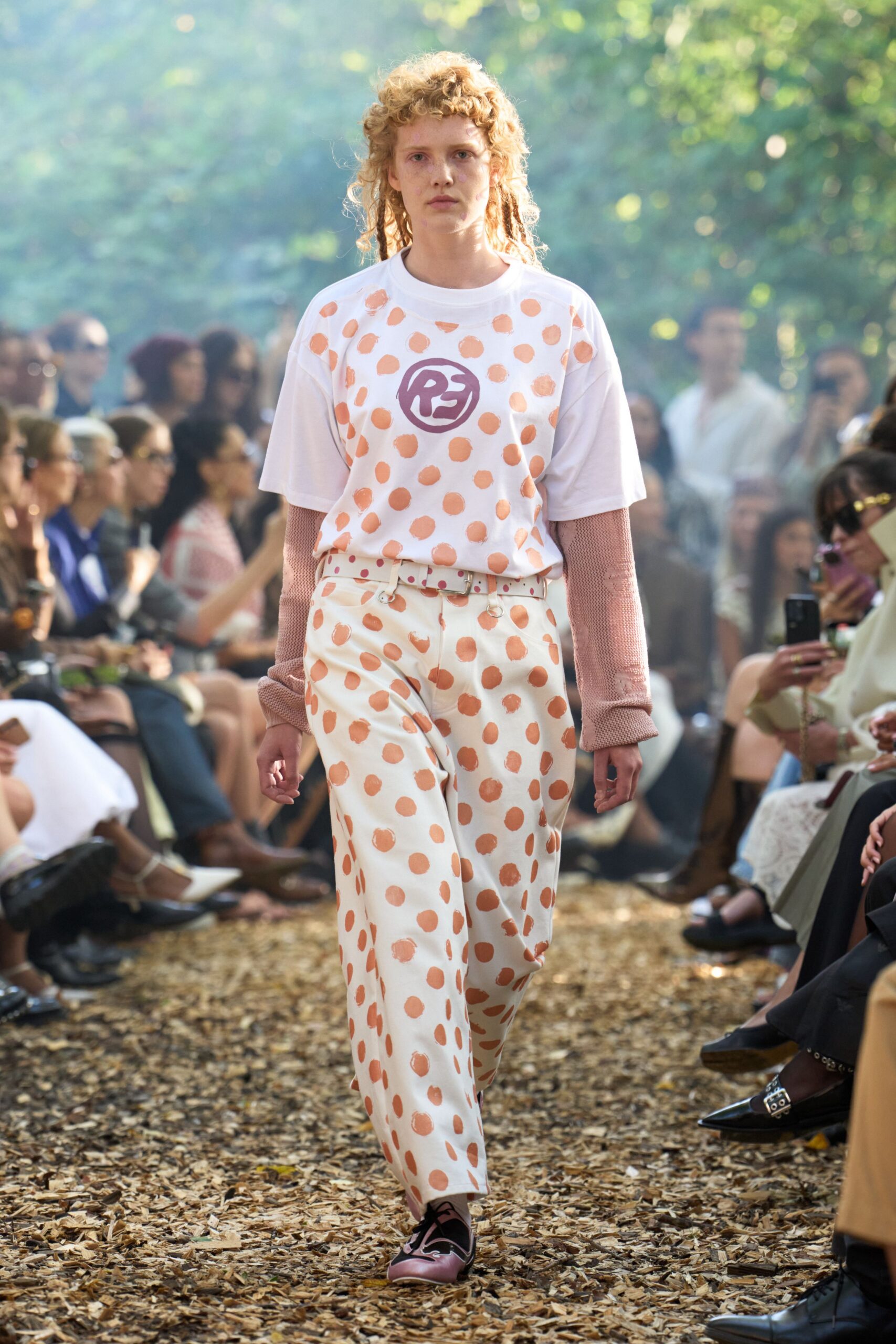 white t-shirt and polka-dot pants