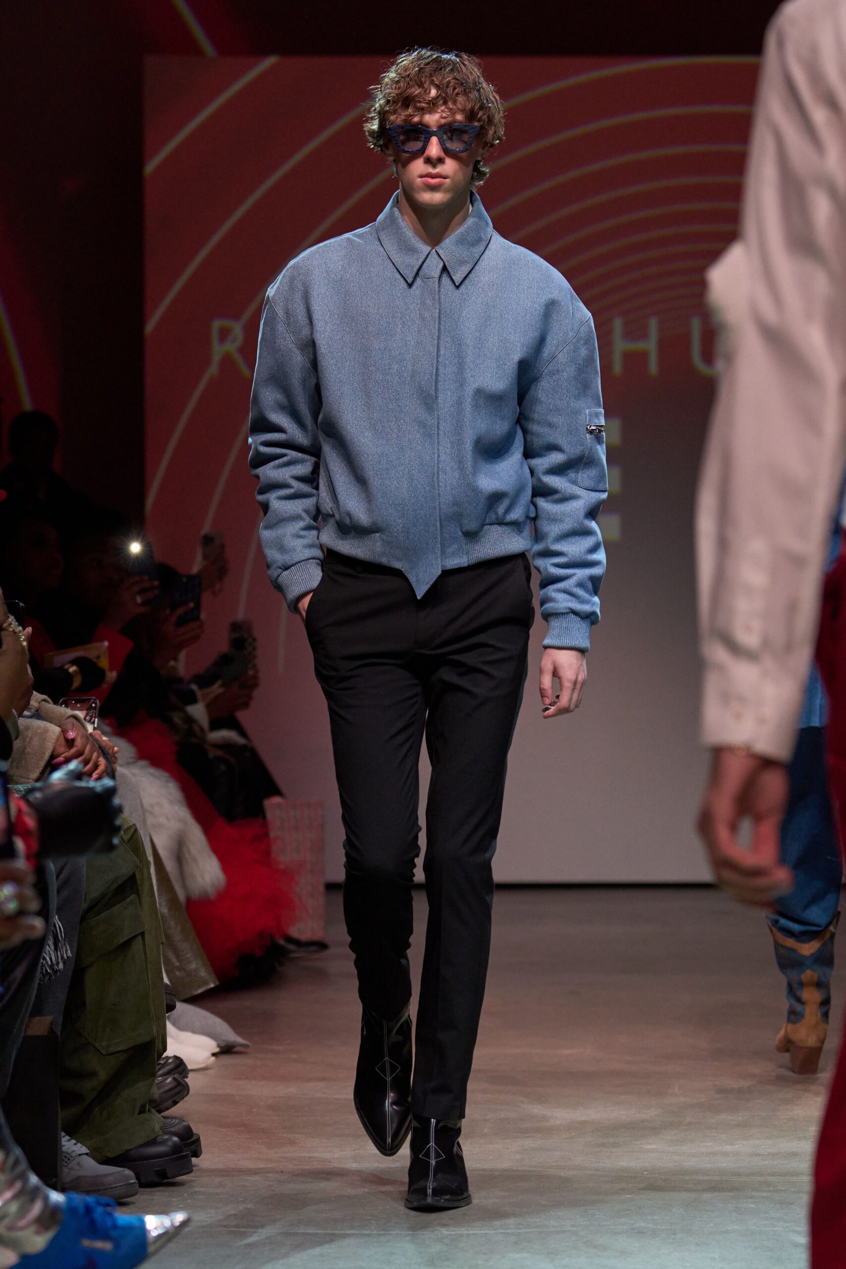 blue denim jacket with black pants