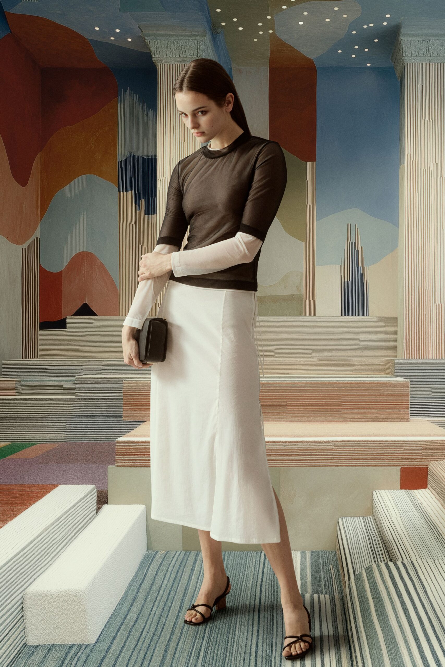 brown fitted top white midi skirt