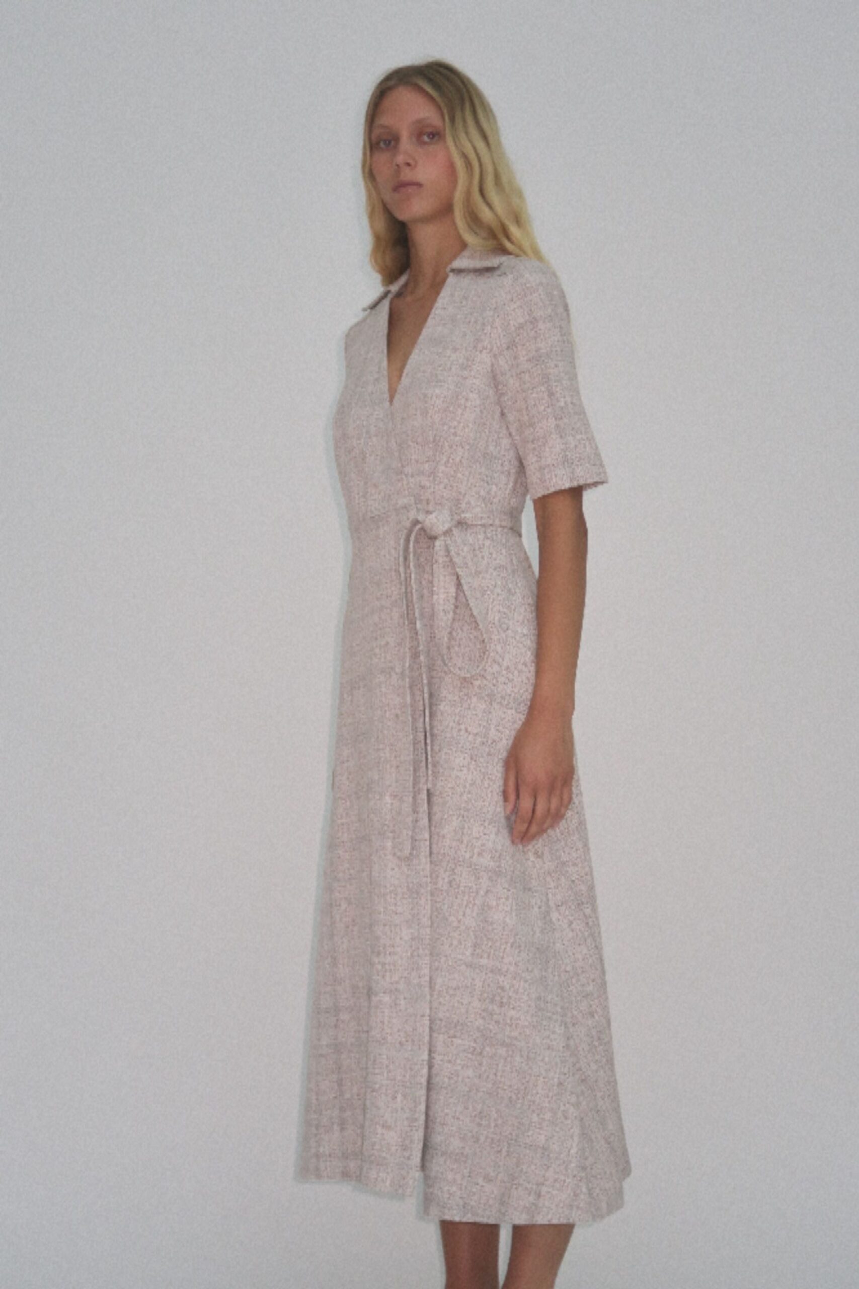pink and white belted midi dress