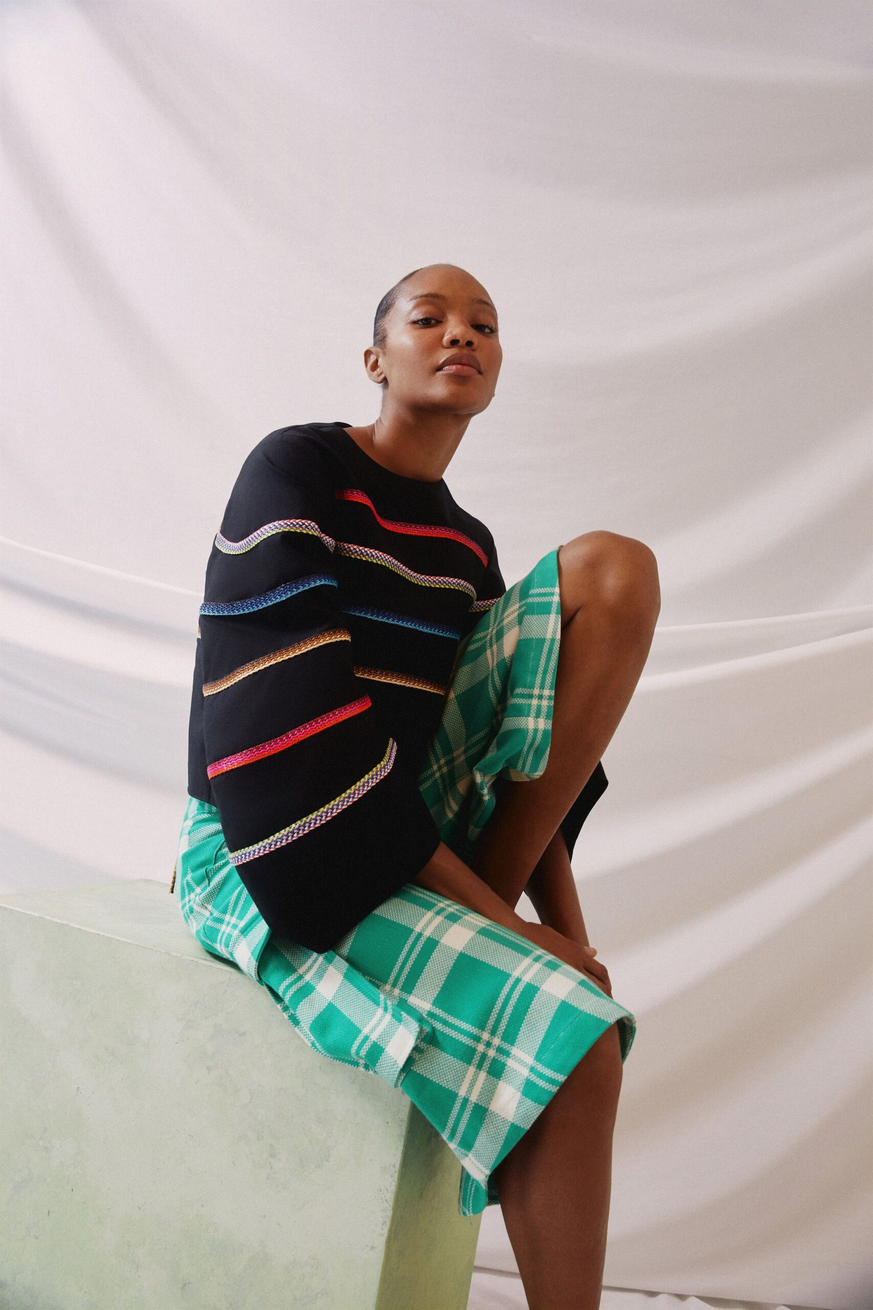green cotton fitted checked midi skirt