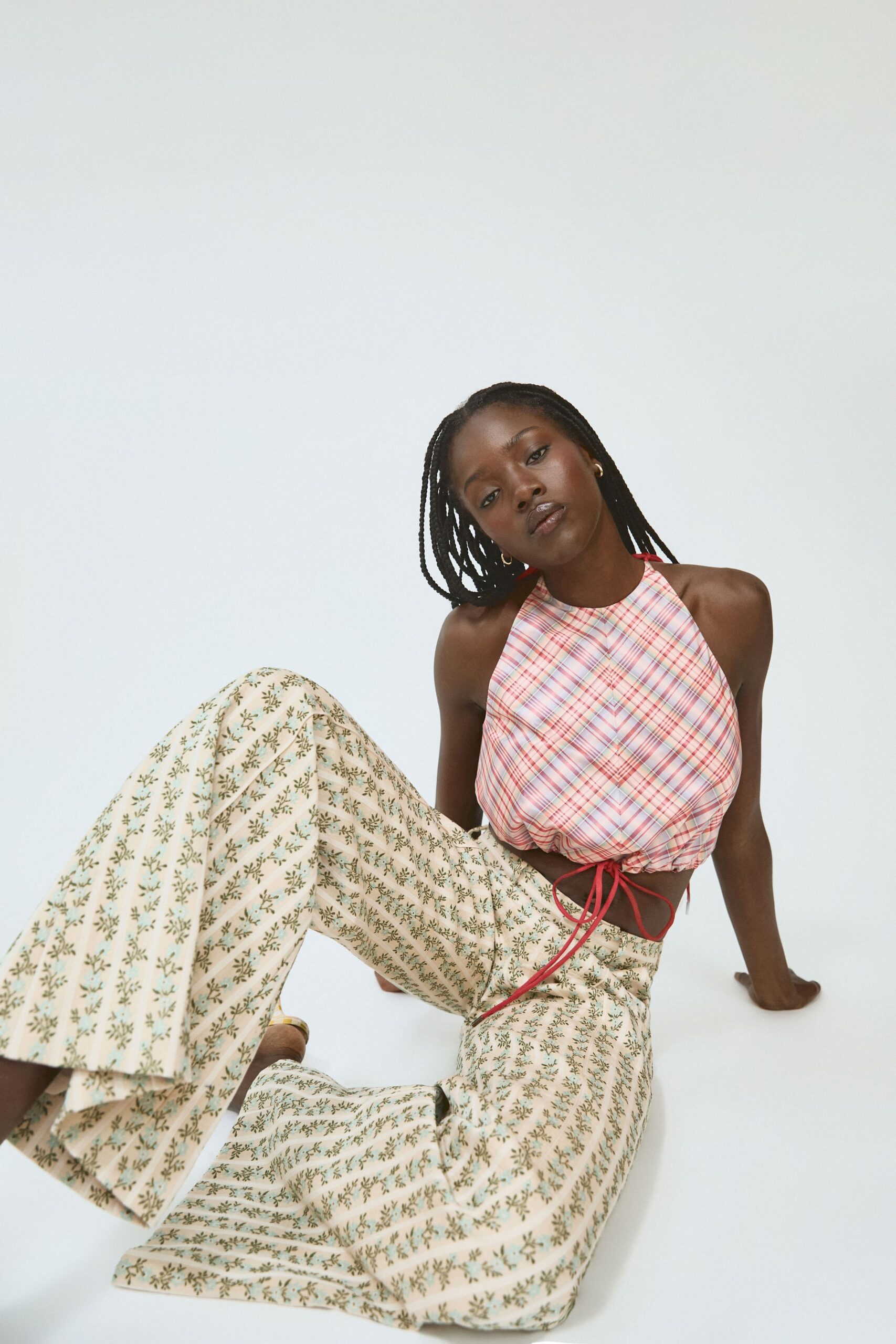 pink checked top beige floral pants