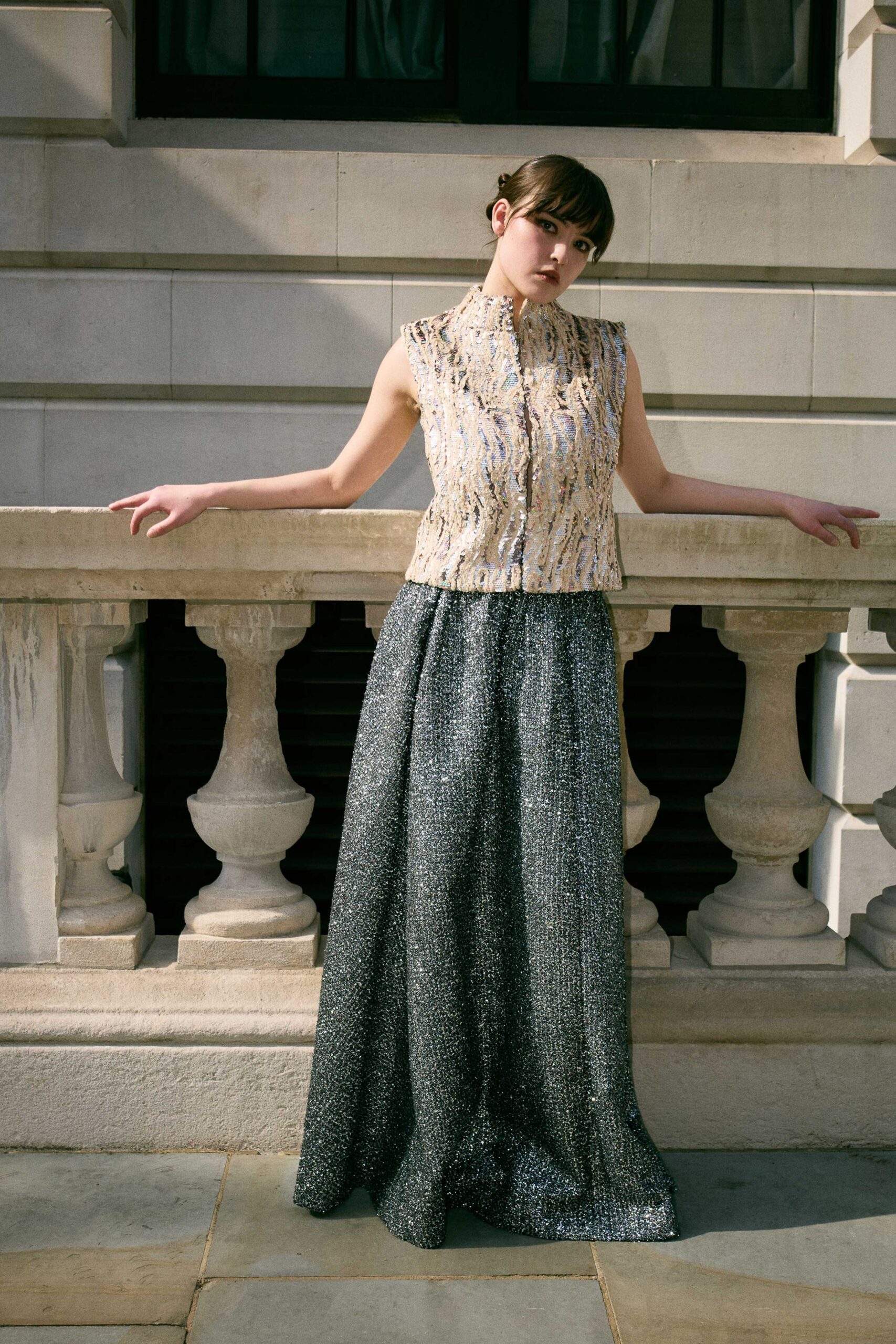 gray tweed relaxed flared maxi skirt