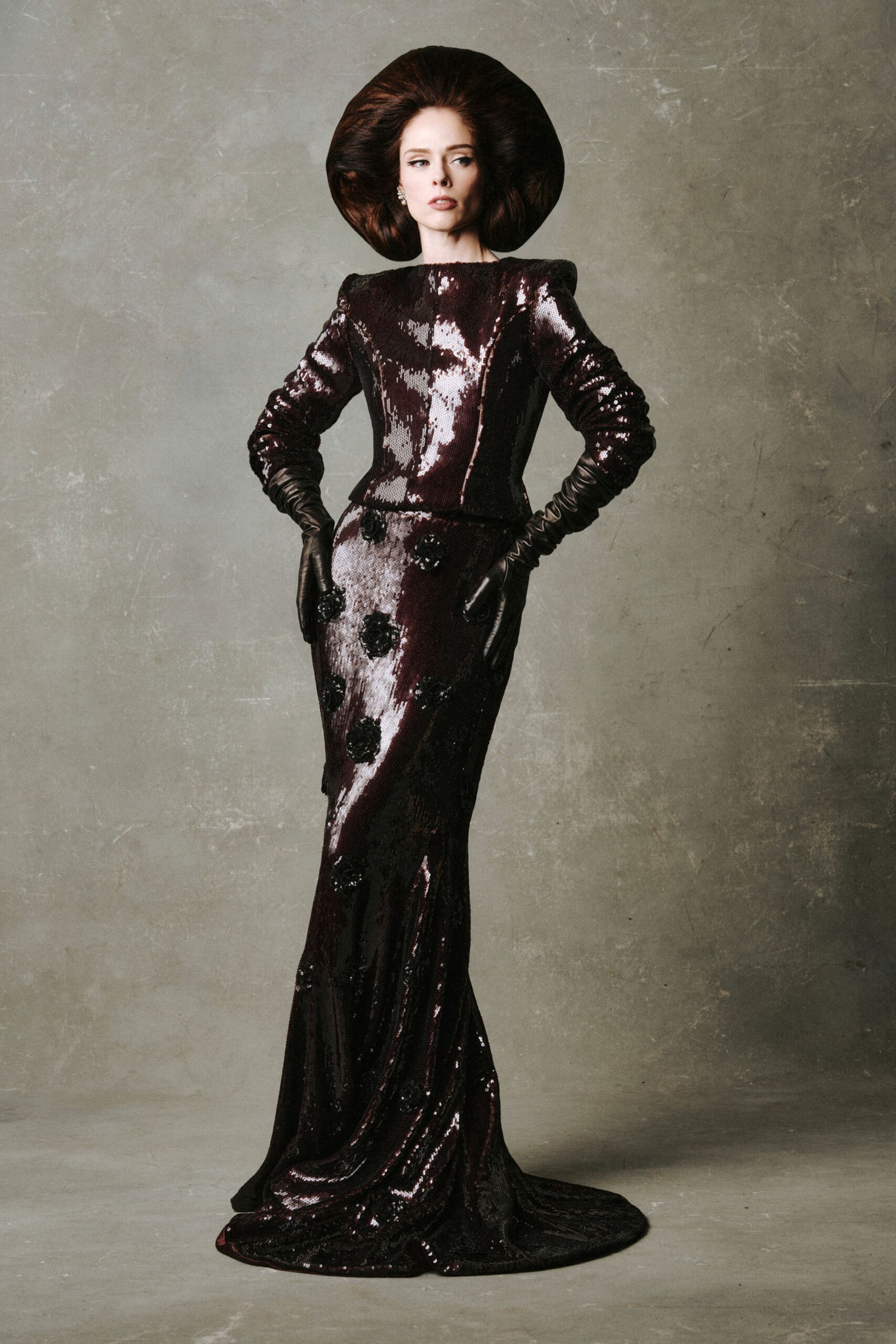 purple sequined fitted gown