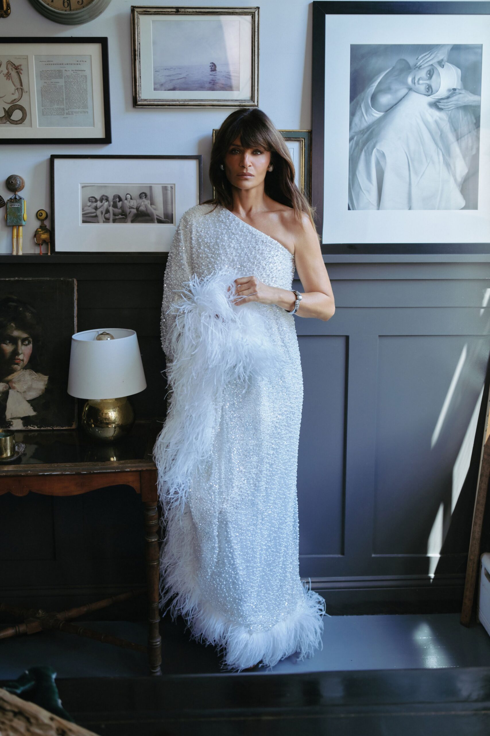 white beaded off-shoulder gown