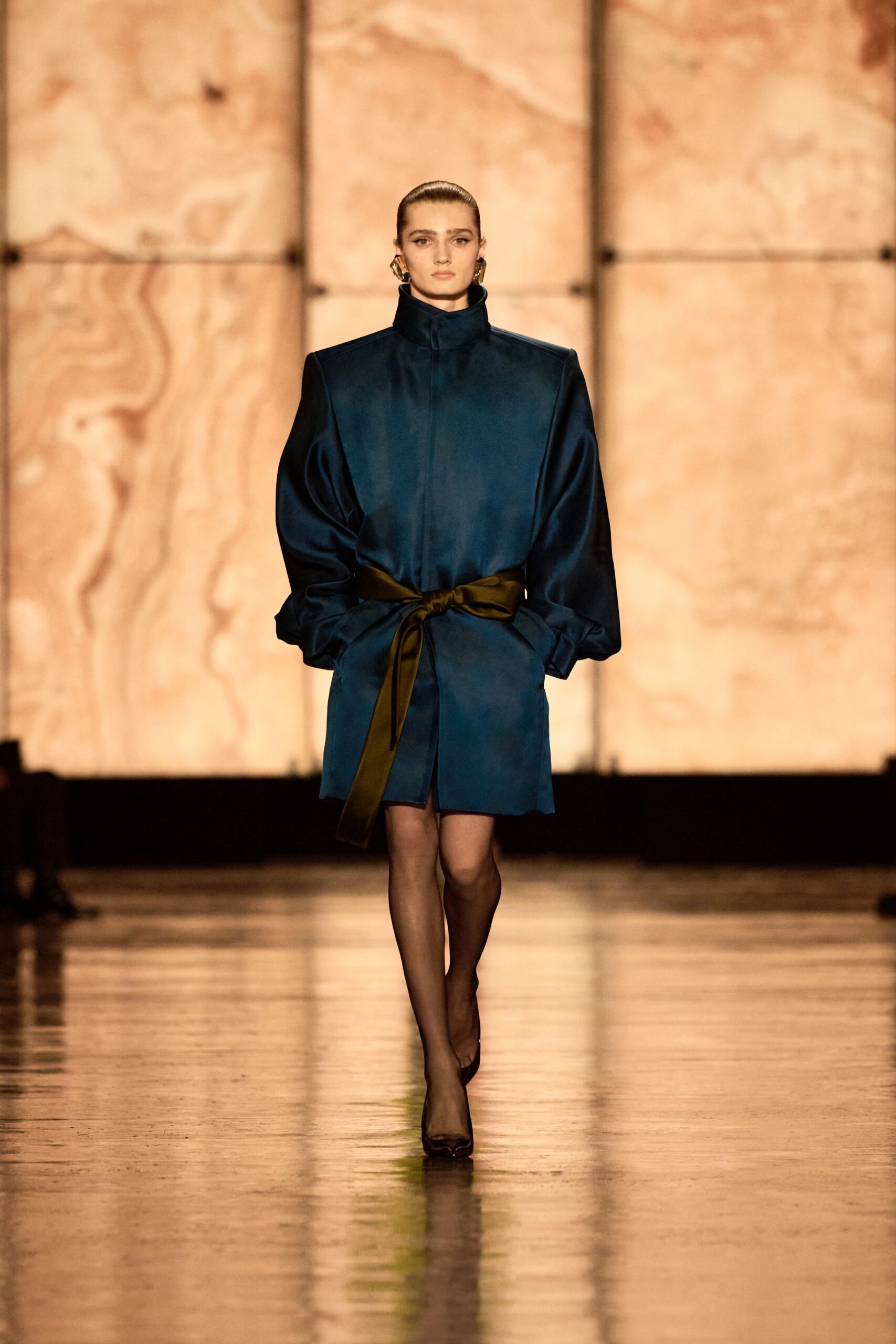 blue silk long-sleeve collared oversized belted coat